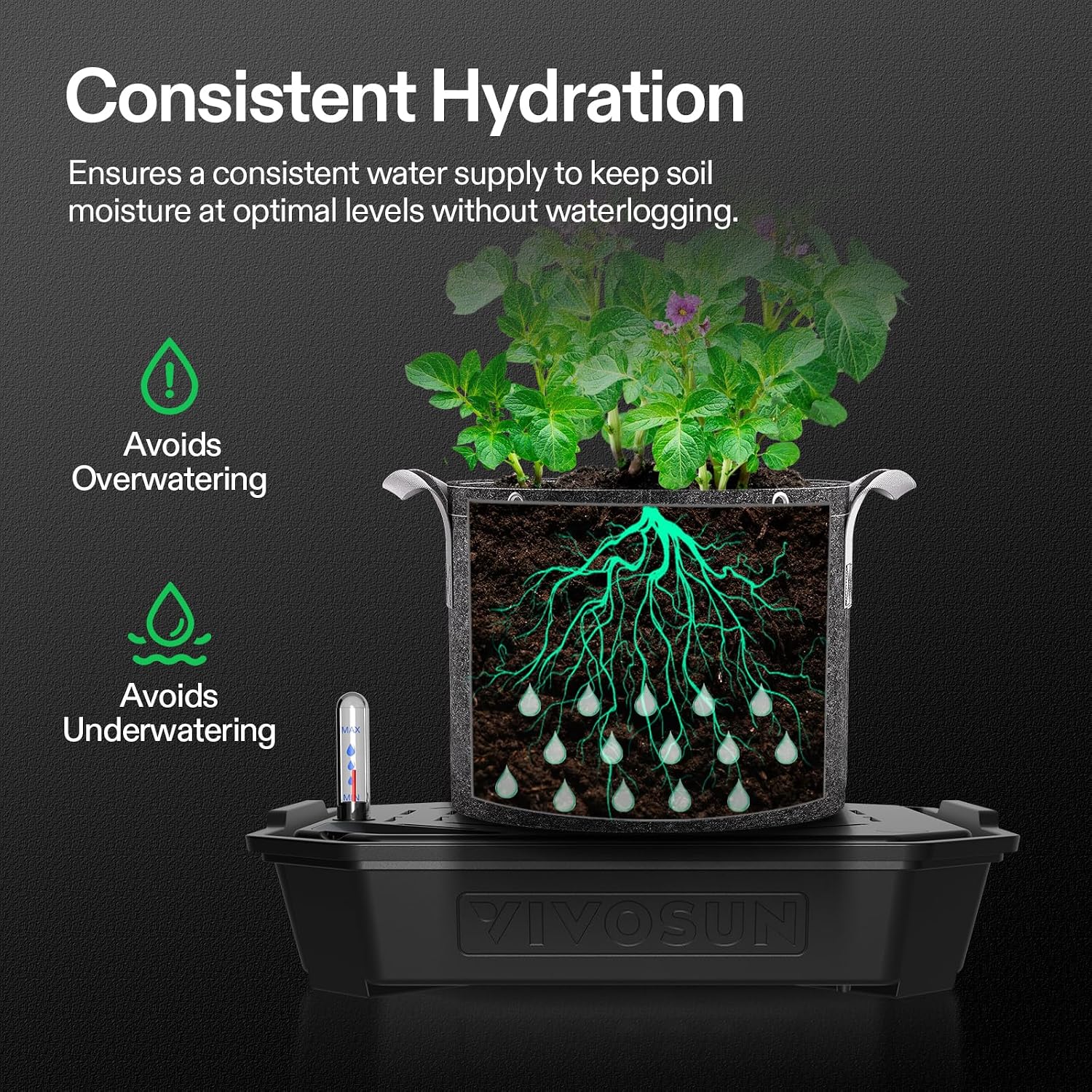 VIVOSUN 4-Pack FlexFeed Self-Watering Pots, Auto Irrigation Fabric Pot Base | Water Meter & Maintenance Window, for Use