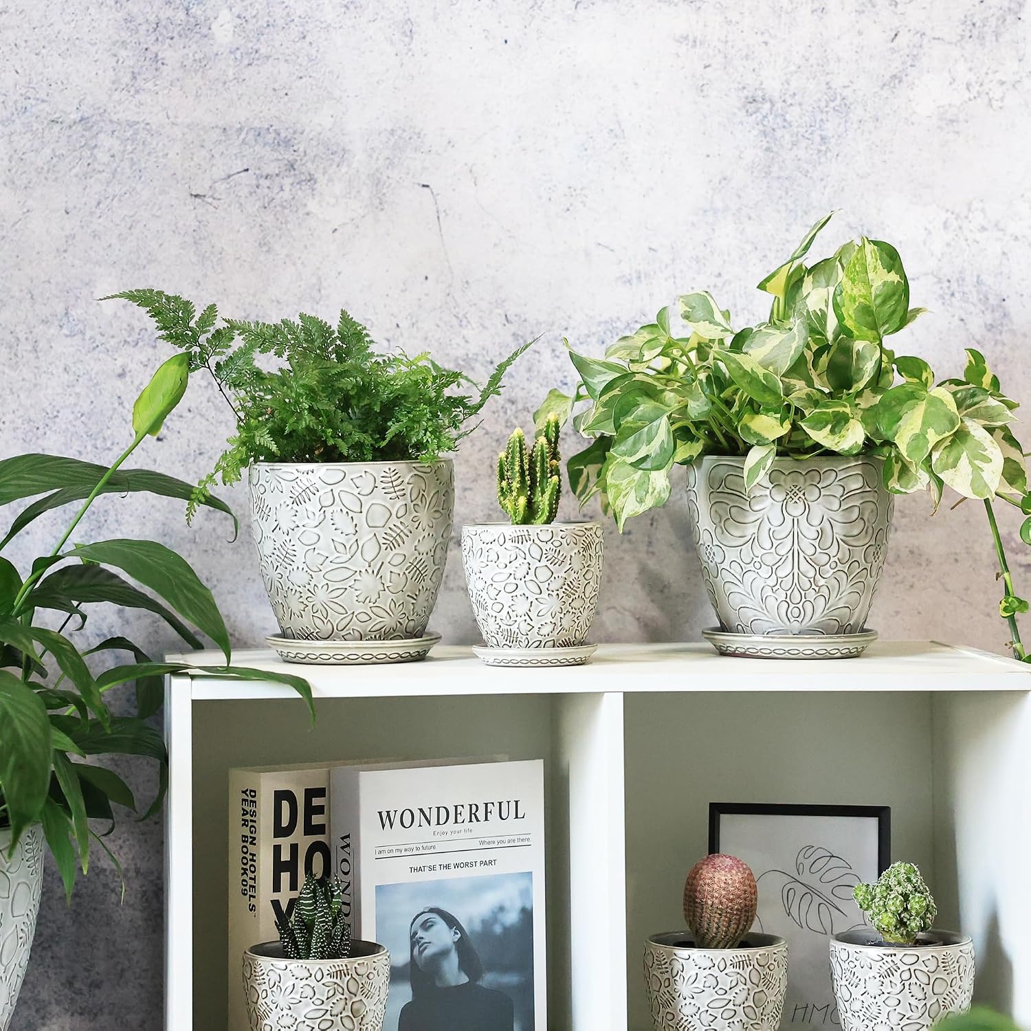 6 Inch Ceramic Planter Pots with Drainage Hole and Saucers for Indoor Plants, Garden Pots for Succulent, Orchid, and