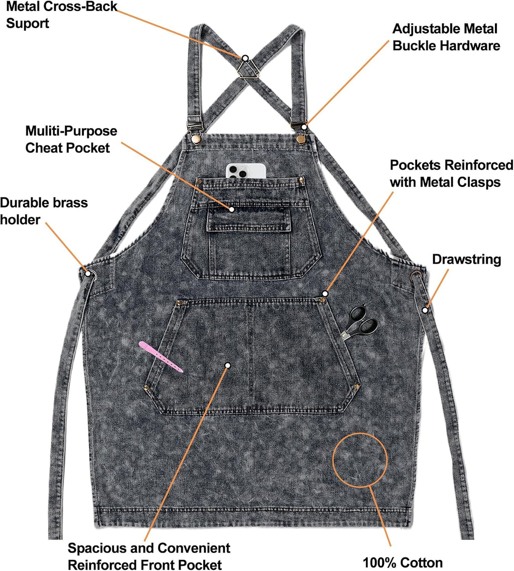 Denim Apron with Pockets for Hair Stylist Adjustable Straps Tool Apron Gardening Jean Work