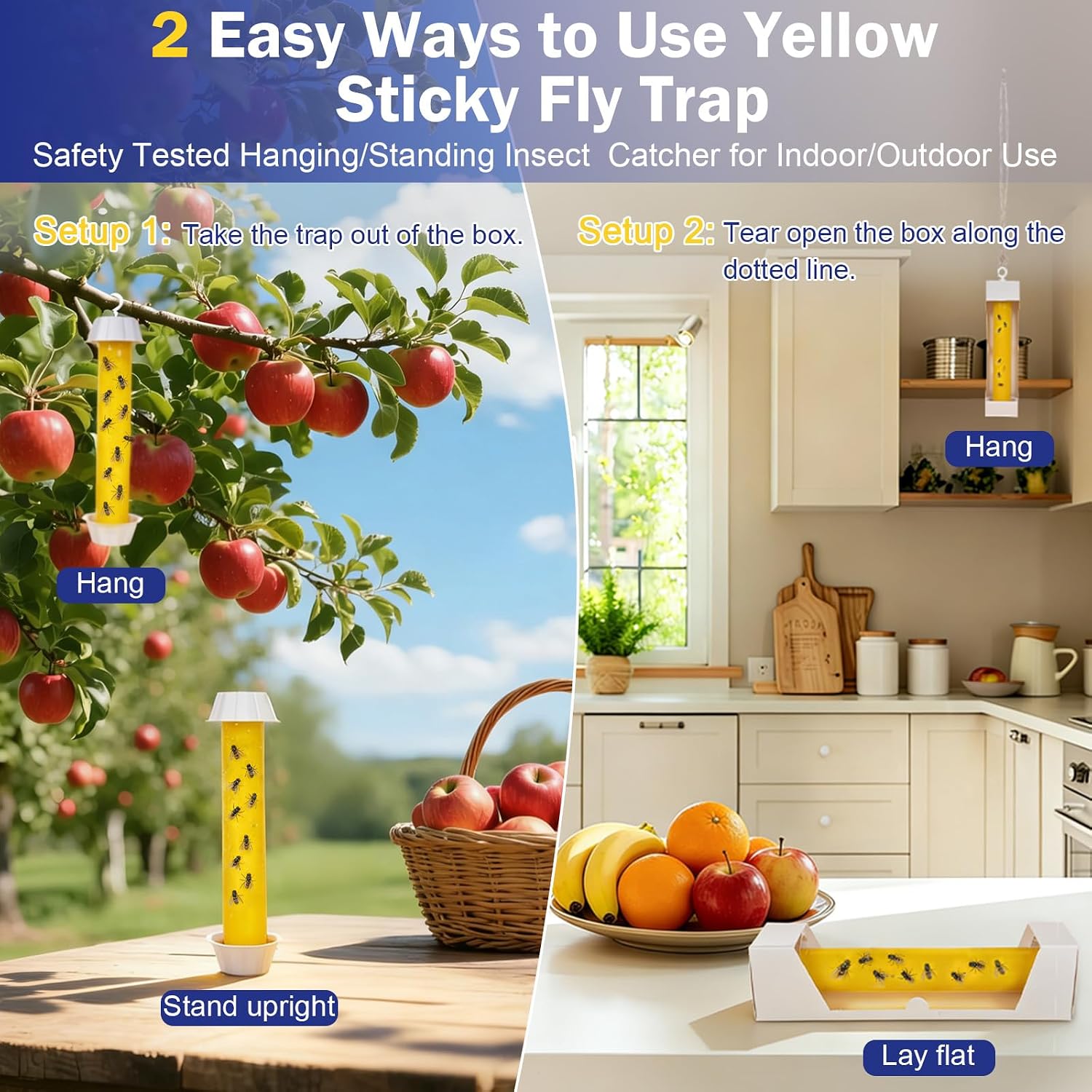 Sticky Fly Traps Indoors & Outdoor 6pk | Fly Stick Catcher Strips for Gnats, House Flying Insect, Super Sticky Hanging