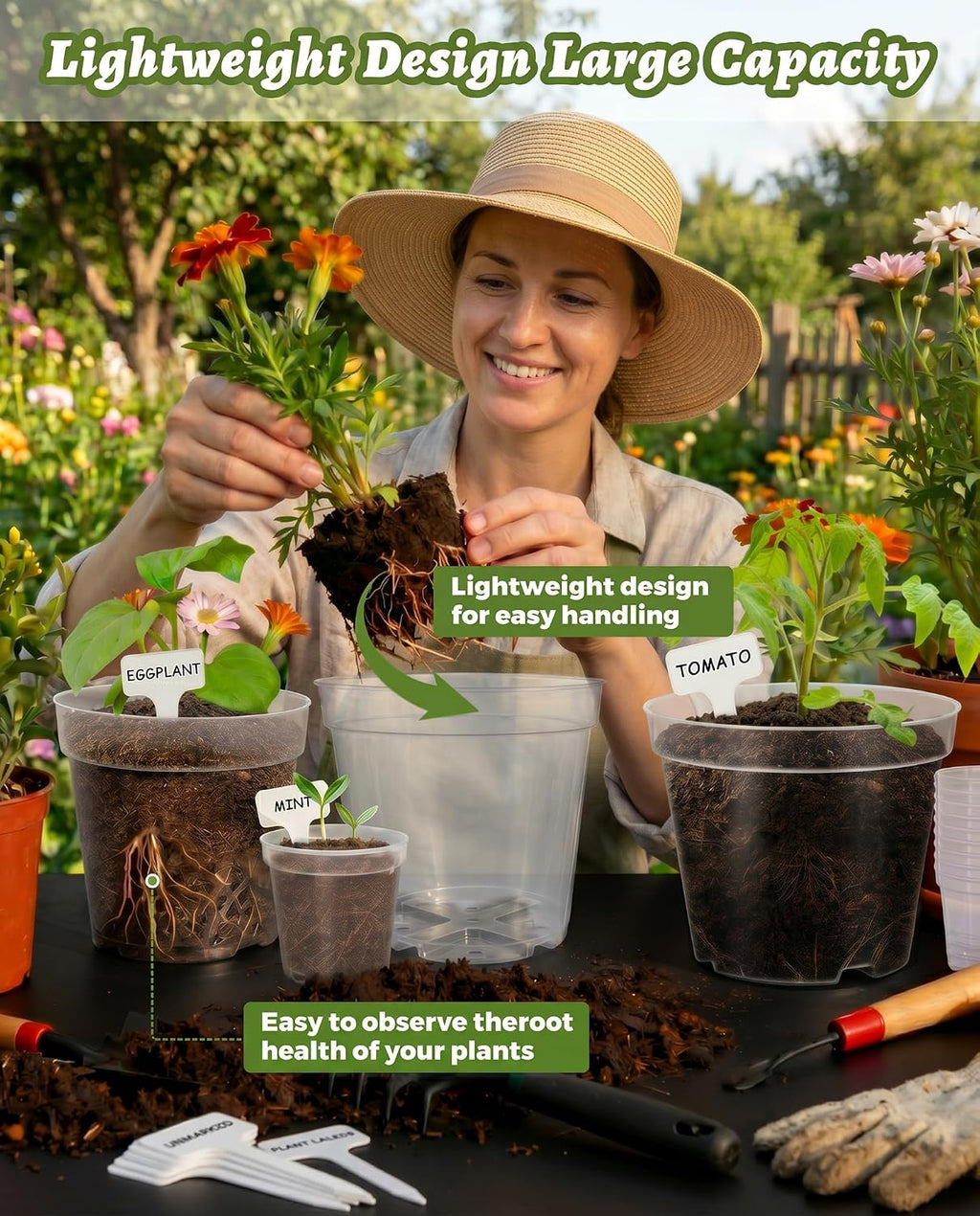 16 Pack 10/8/6/4 Inch Sizes Large Clear Nursery Pots with Drainage | Plastic Plant Pots with Garden Tools & Labels