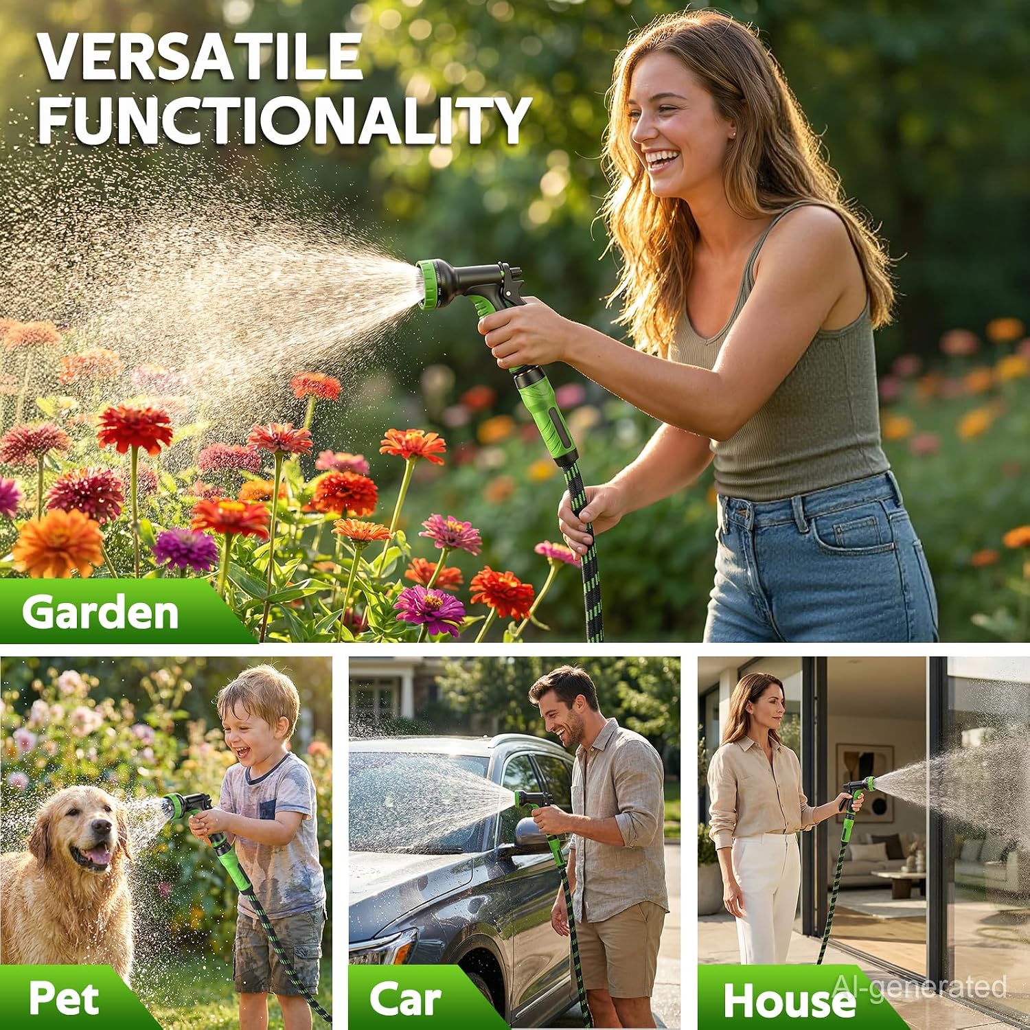 NON-EXPANDABLE Garden Hose 75 FT Water Hose with 10-Function Spray Nozzle | Yard hose Heavy Duty Steel Metal