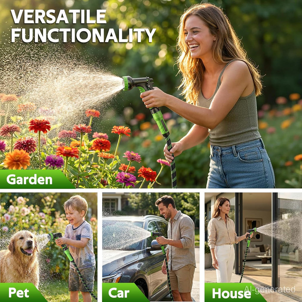 NON-EXPANDABLE Garden Hose 50 FT Water Hose with 10-Function Spray Nozzle | Yard hose Heavy Duty Steel Metal