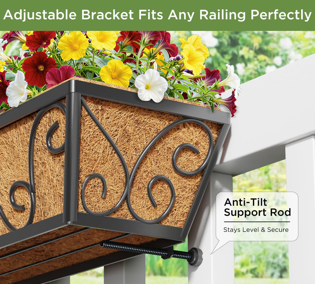 HFHOME 24 Inch Railing Planter Box with Coco Liners for Porch, Fence, Patio, Balcony Hanging Flower Railing Baskets