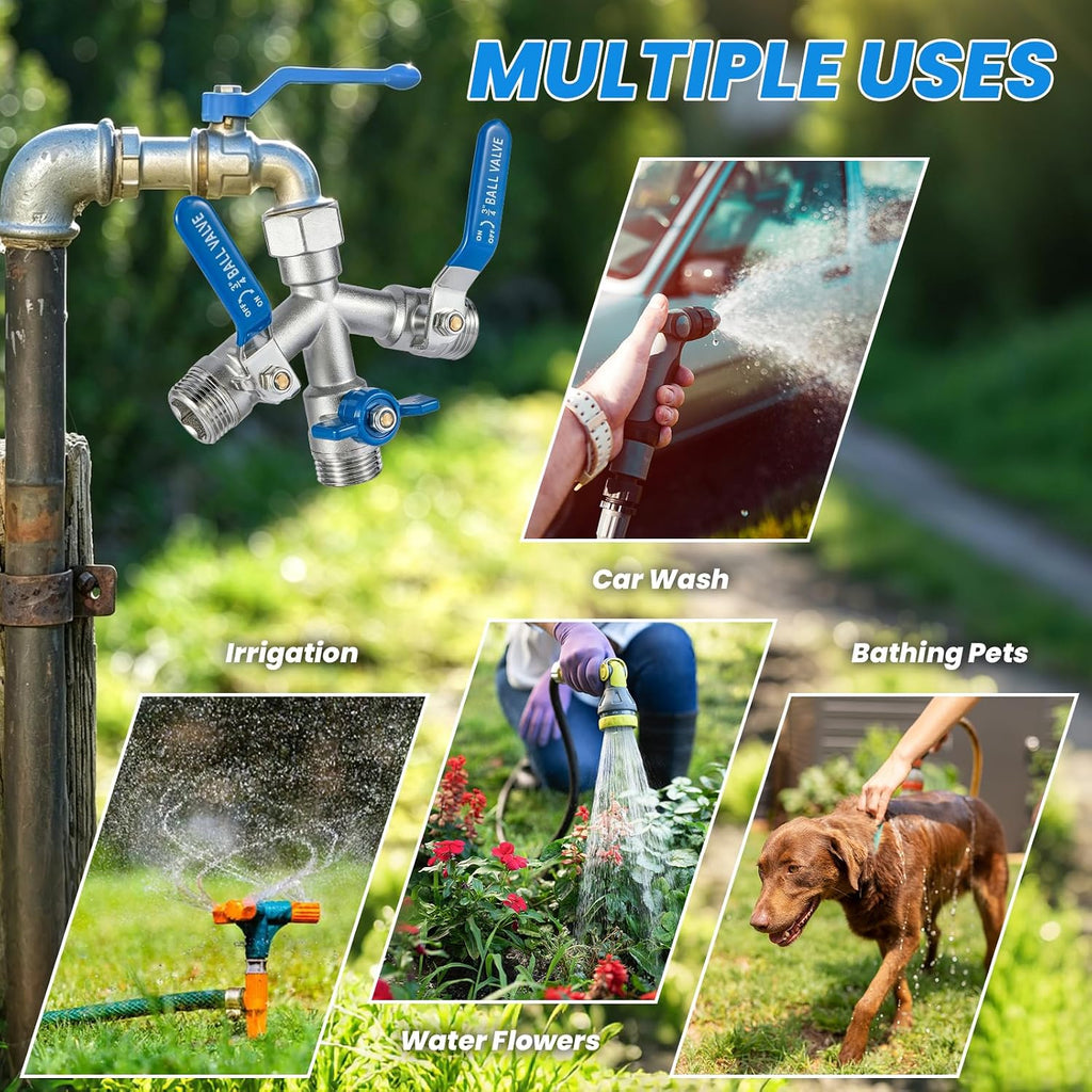 3 Way Garden Hose Splitter, 304 Stainless Steel Hose Splitter, with Shut-off Valves, full flow hose splitter, Rust &