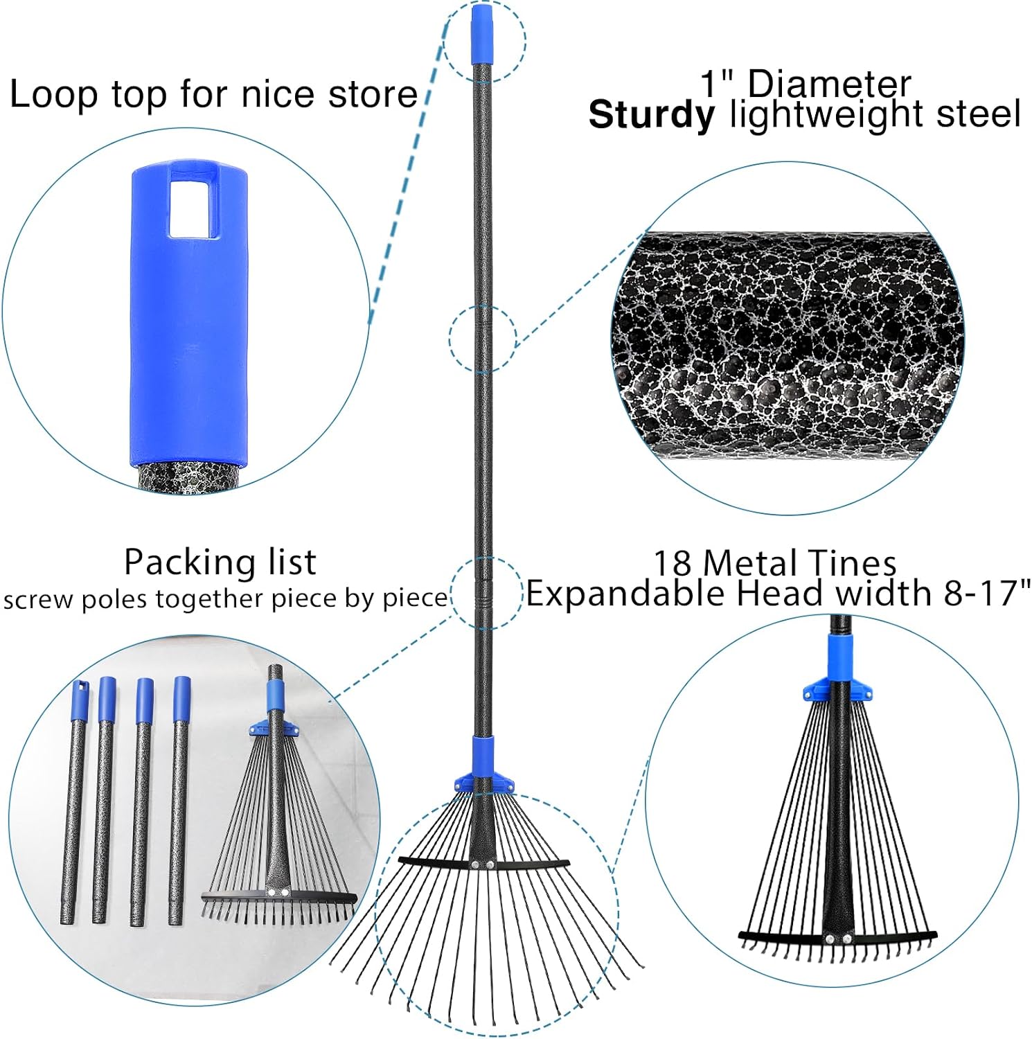 Adjustable Metal Leaf Rake Long Handle, Garden Rakes for Lawns Heavy Duty Leaves with Expandable Head 8-17", Yard Women
