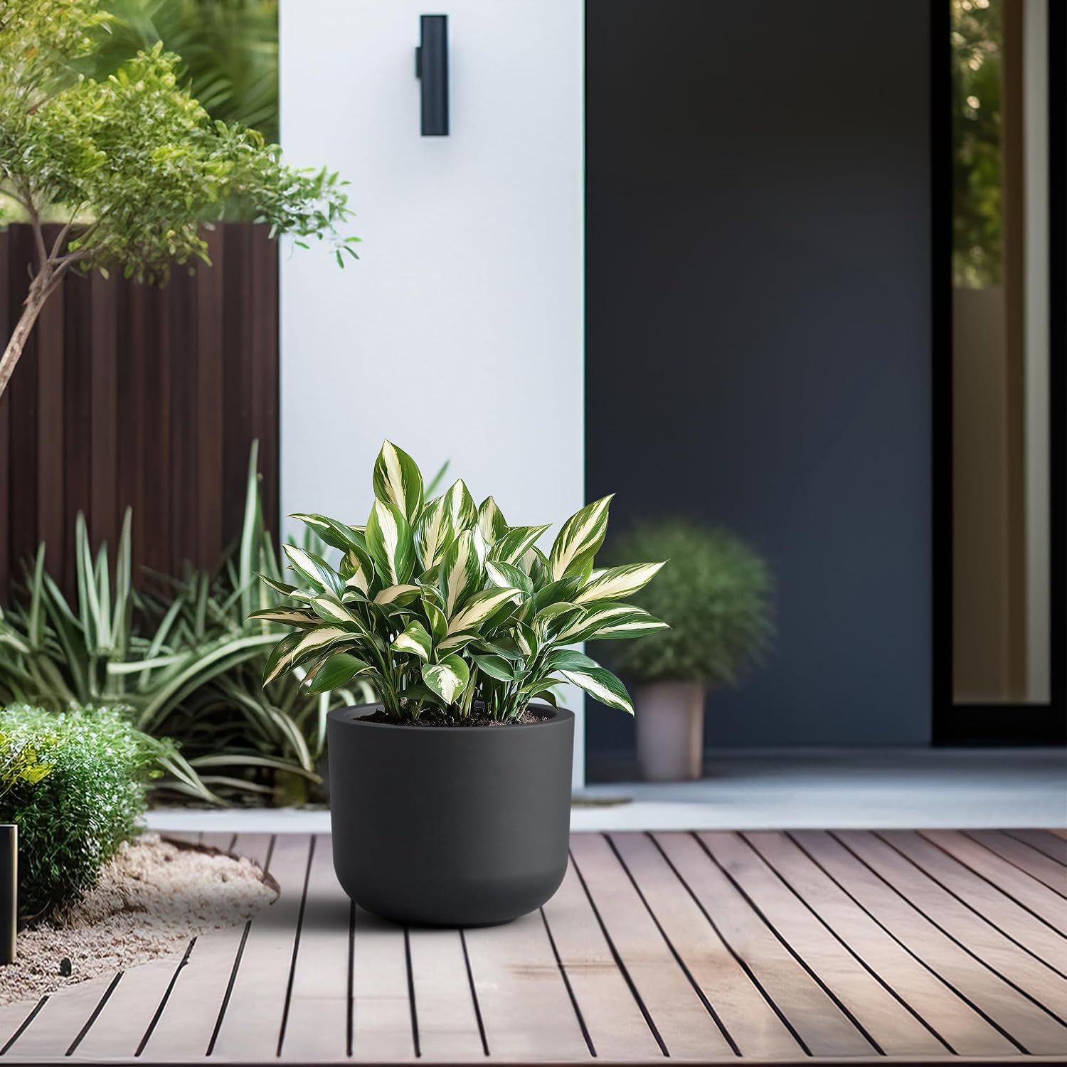 Kante Small Round Capsule Black Concrete Planter 9" Dia, Outdoor | Rubber Plug for Indoor, Drainage for Garden