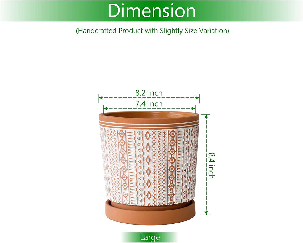 D'vine Dev Geometric Terracotta Planter, 8.2 in, Red/White, 33-958-A-1 | Hand-Painted Pattern, Natural Clay Texture