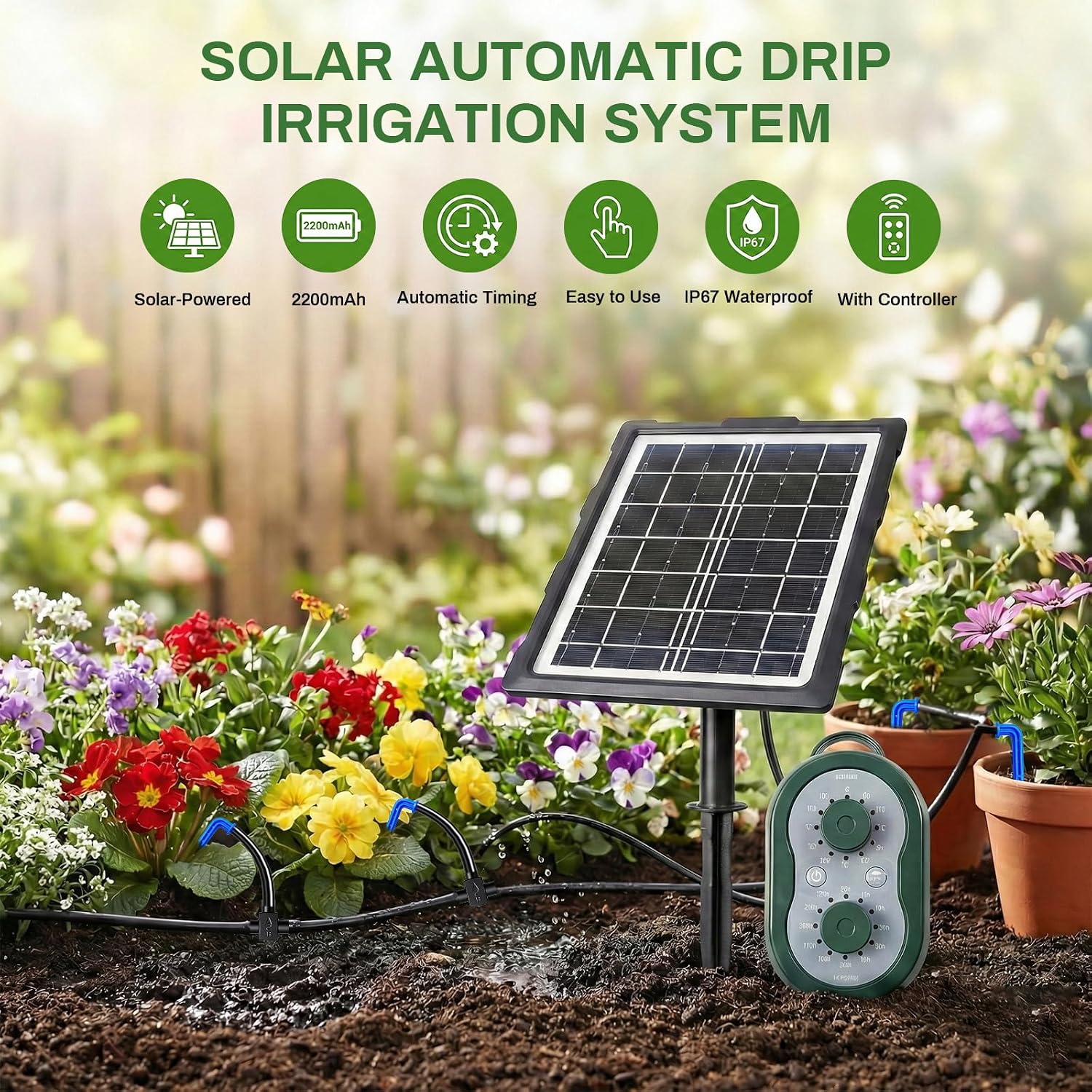 50FT Solar Automatic Drip Irrigation Kit System, Smart Self-Watering System with USB Charging for Outdoor Indoor Use