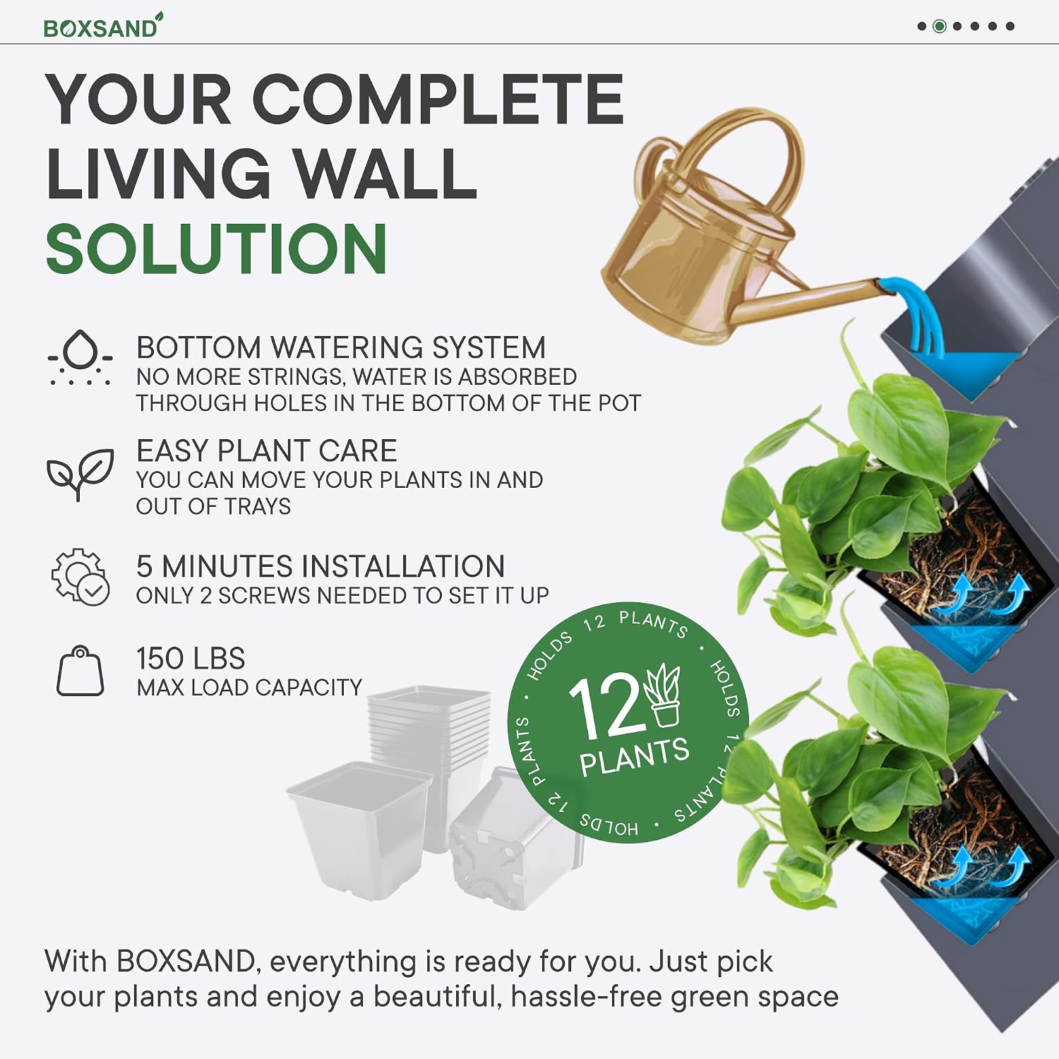 BOXSAND-12 (24"x26") Living Wall - Wall Planter, Vertical Garden for 12 Plants, Indoor/Outdoor, 2 Screws Install