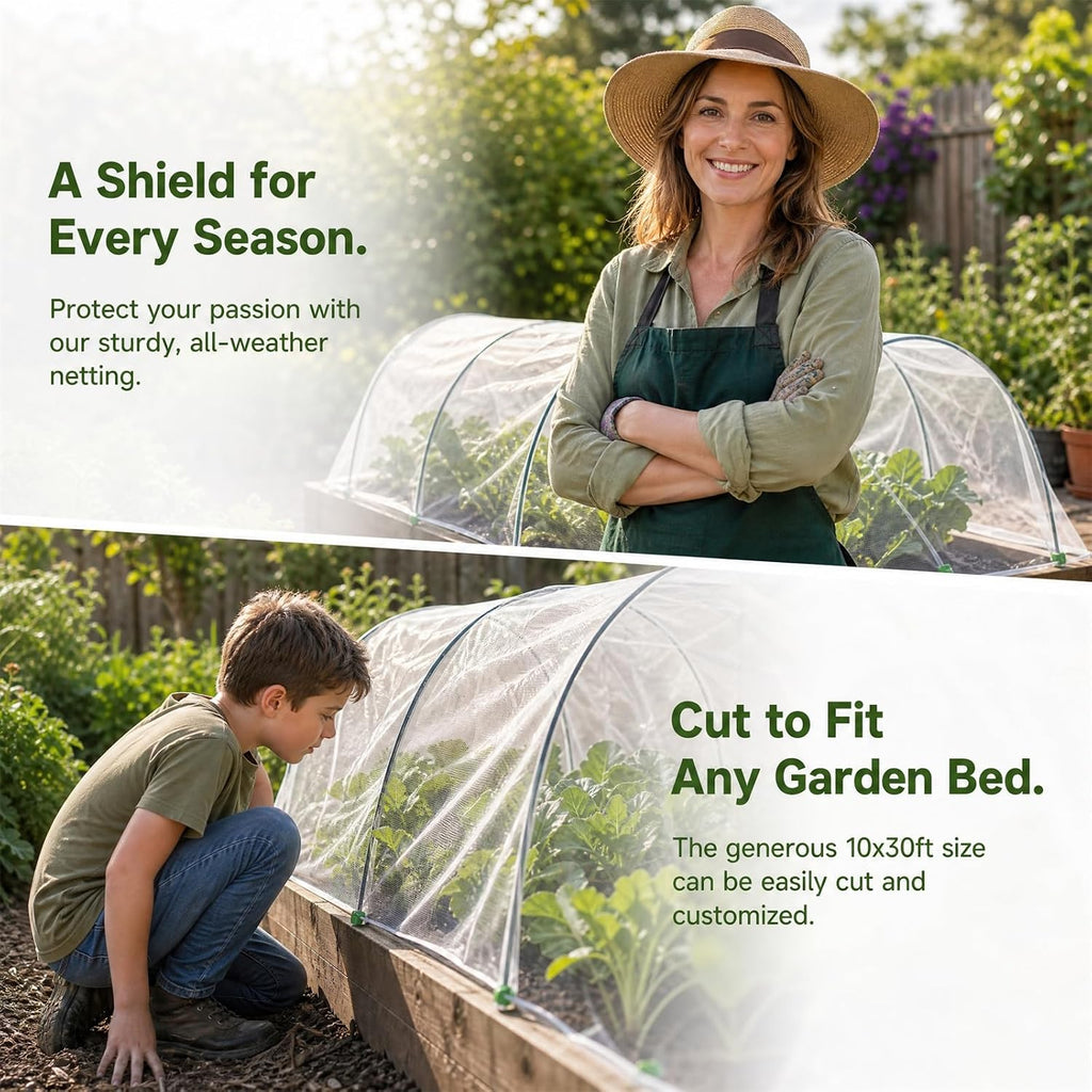 Garden Netting Kit, 10x30FT Ultra Fine Garden Mesh Netting with 6 Sets Garden Hoops, Insect Netting for Garden