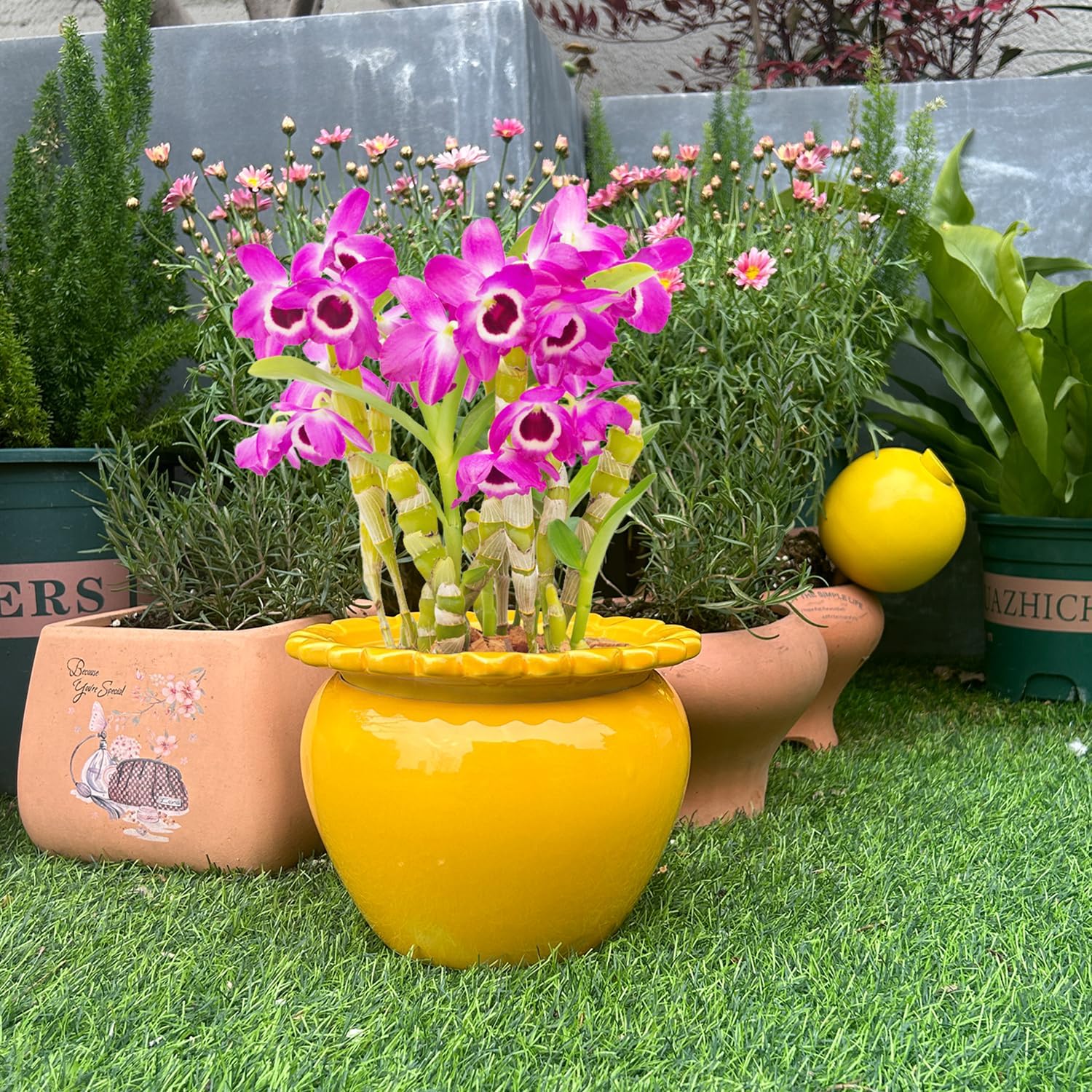 8in Self Watering Terracotta Planter - Yellow Ceramic Pot Maintenance Plant Seeder Planter for Indoor Plants African