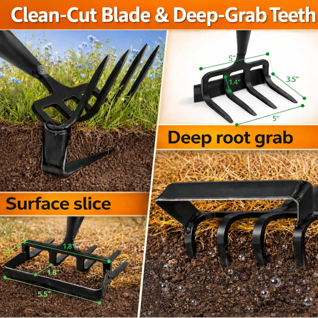Garden Hoe with Cultivator Rake, 2-in-1 Heavy Duty Action Stirrup Hoe with Sharp Blade,60" Adjustable Long Handle Loop