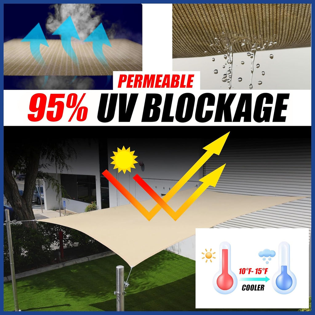 12' x 16' Beige Sun Shade Sail Rectangle Canopy Fabric Cloth Screen, Water and Air Permeable & UV Resistant, Heavy