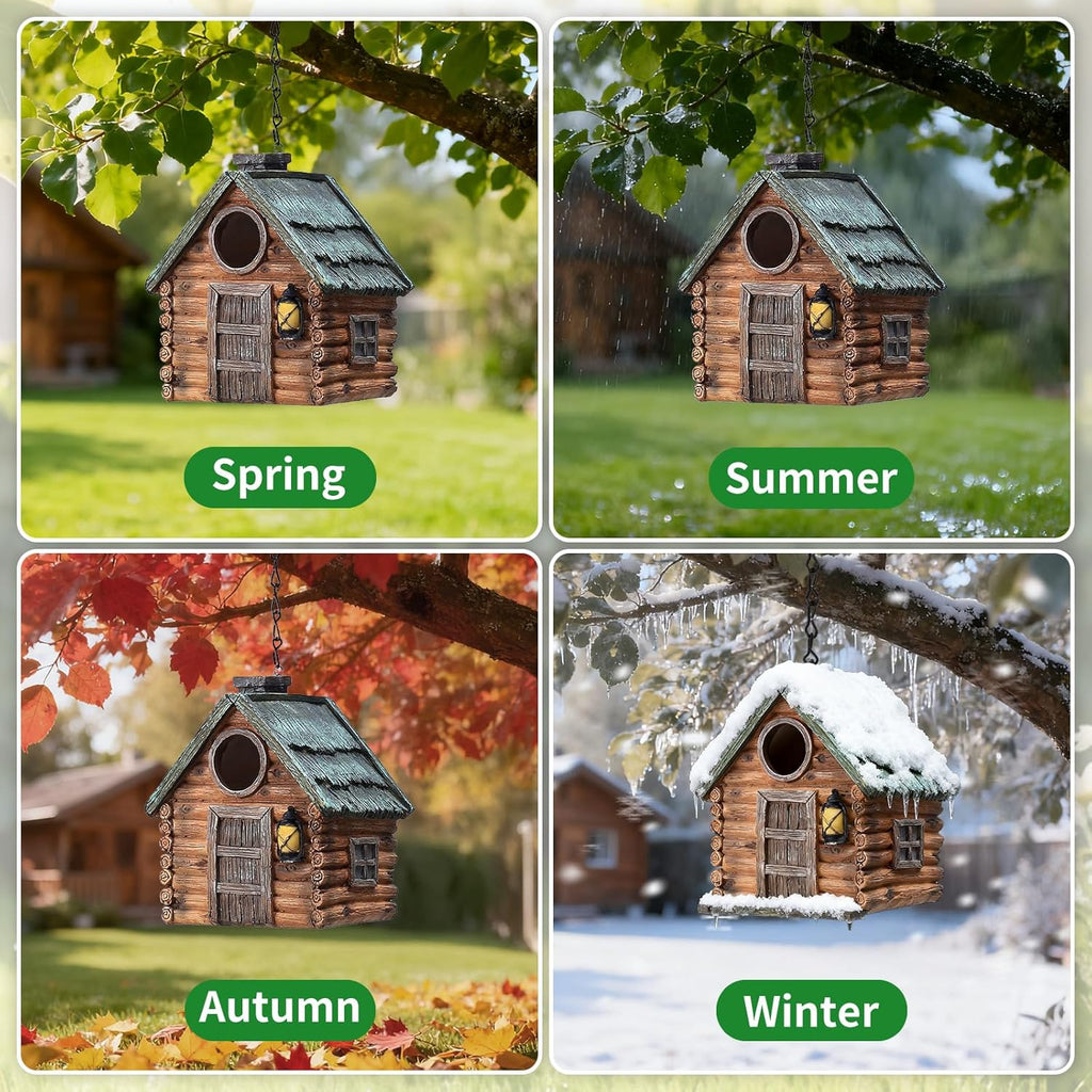 Bird Houses for Outside Real Wood-Look Resin Bird House with Hanging Chain – Waterproof & Durable Forest Birdhouses for