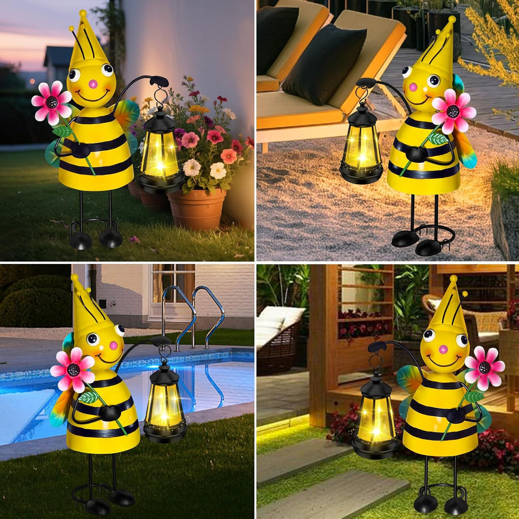 Solar Metal Bee Garden Statue with Lantern, Outdoor Garden Decor Figurine | Hand-Painted IP65 Waterproof Metal Craft
