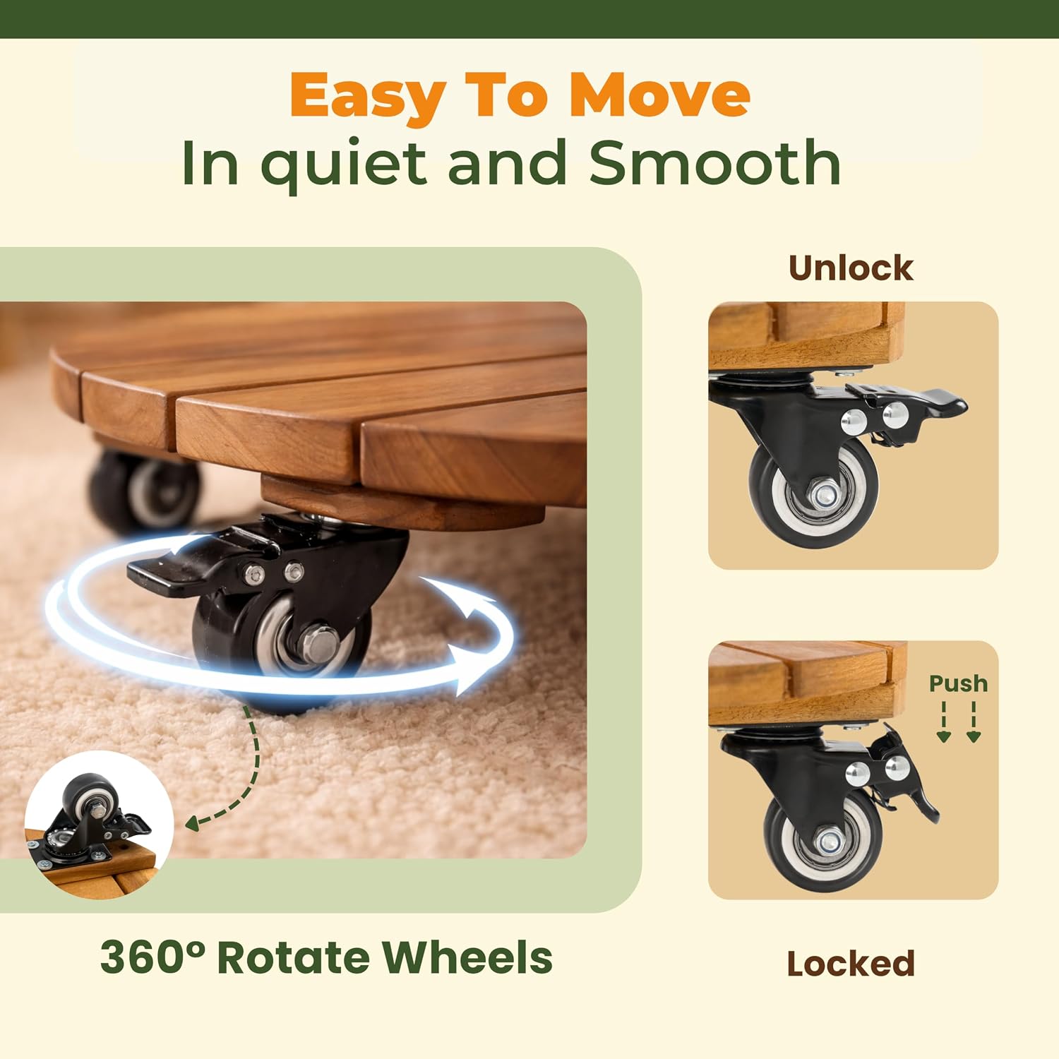 Jurax Wood Plant Caddy with Wheels – Heavy Duty Plant Dolly Holds Up to 286 lbs, 360° Lockable Casters, Rolling Plant