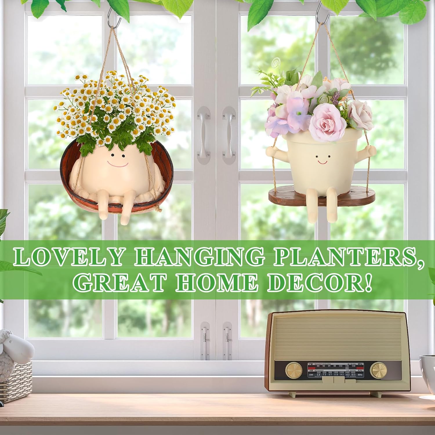 Nuogo 3 Pack Hanging Swing Chair Planter Pots Cute Wall Hanging Planter Pot Swing Face Pot with Drainage Holes Head