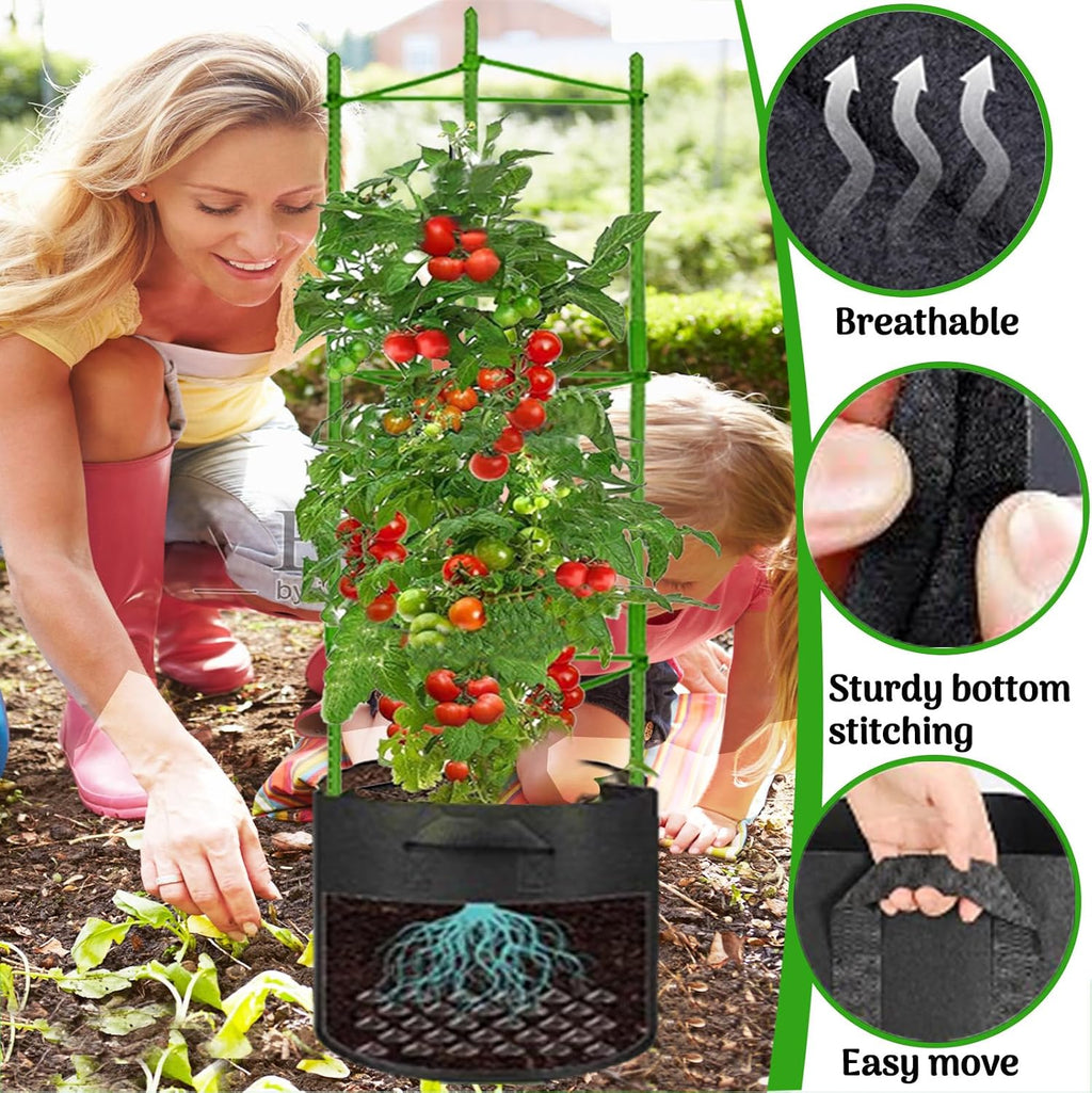 Moirsunt Tomato Cages with 10 Gallon Grow Bags, 48 Inches Tomato Planter | 3-Pack Tomato Stakes Trellis for Raised