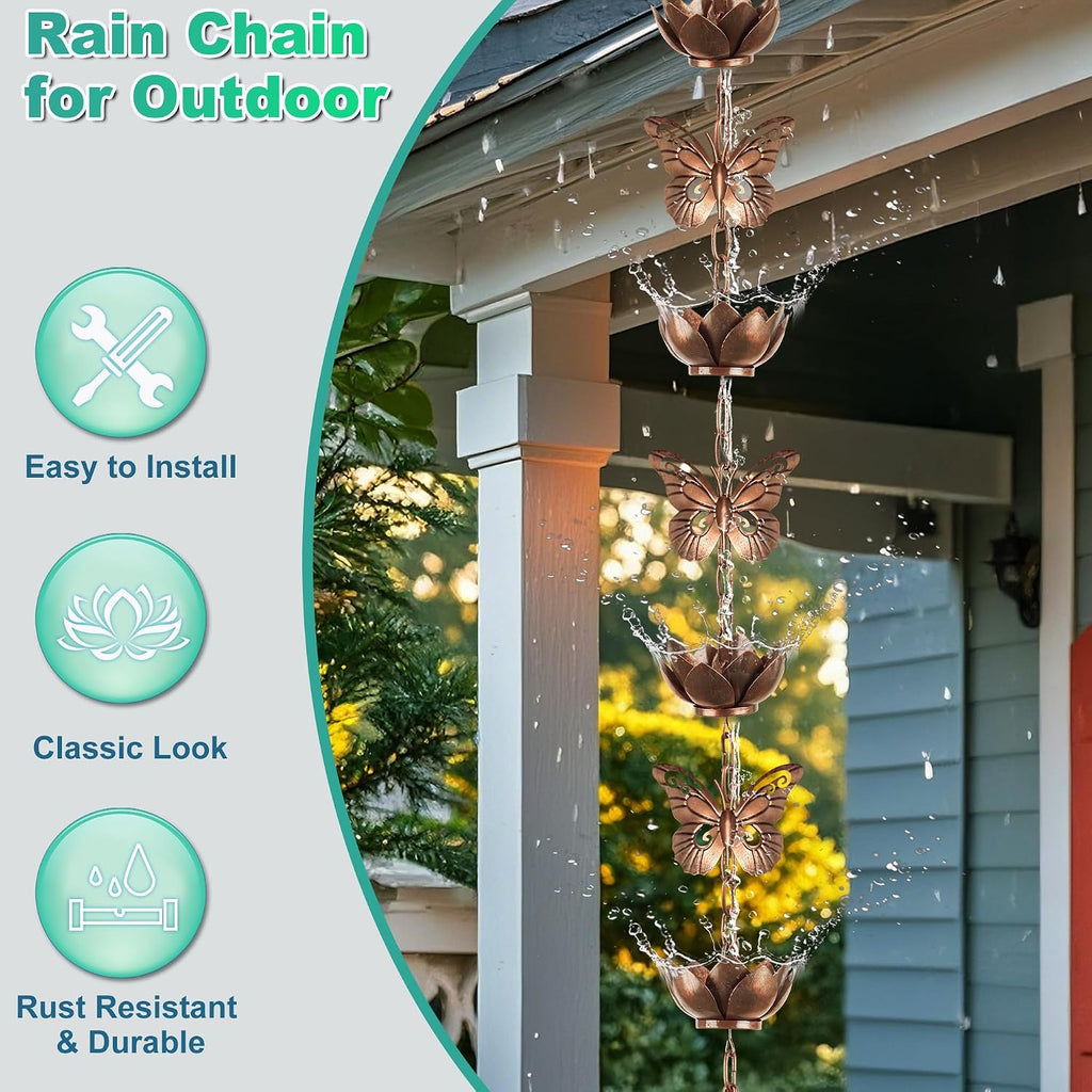 8.8ft Rain Chain for Gutters Downspouts Outside,Butterfly Rain Chain Cups with 12 Copper Chain Adjustable Lotus Rain