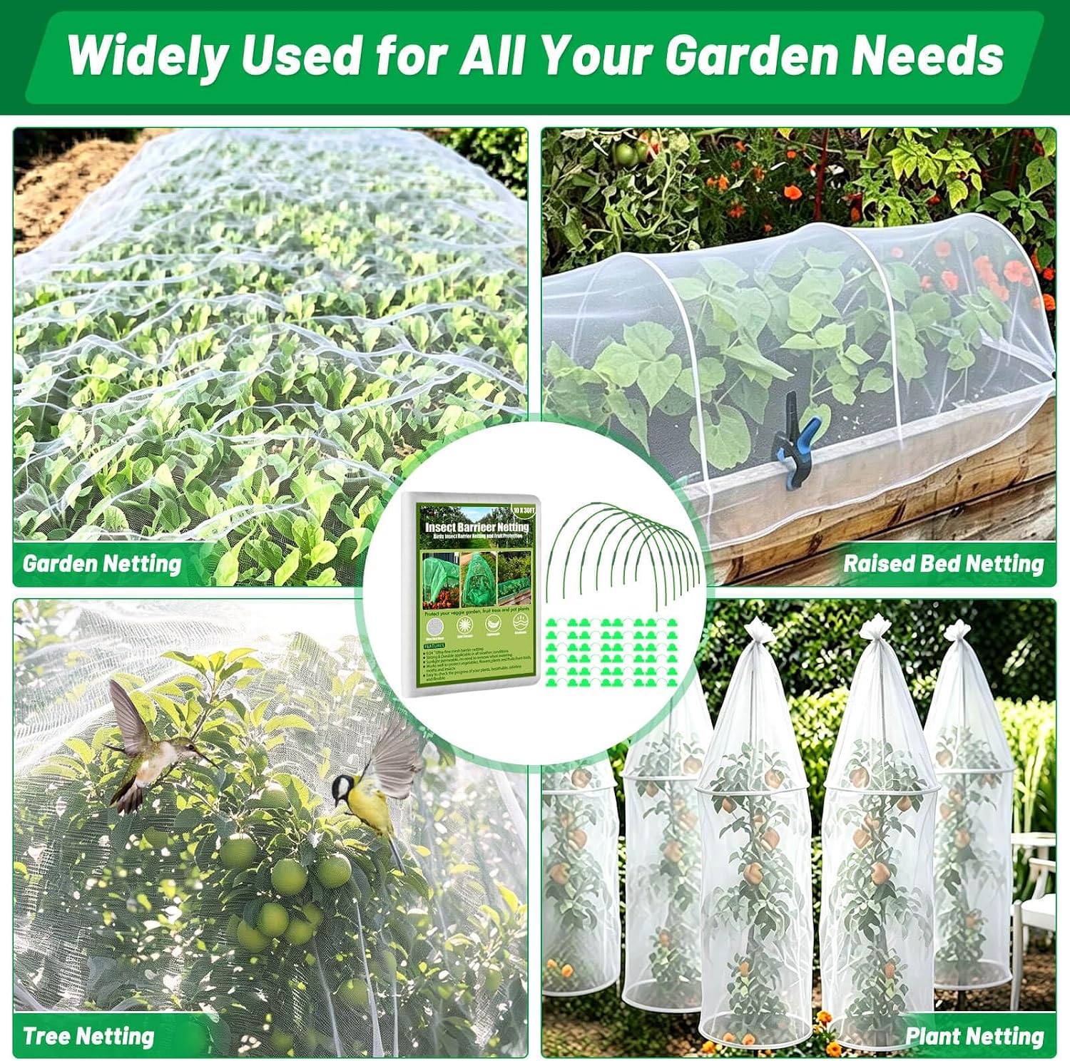 Tetutor Garden Mesh Netting Kit,7 Sets Wide Garden Hoops with 10x30 ft Garden Covers Bird Netting& 12 Clips, Garden