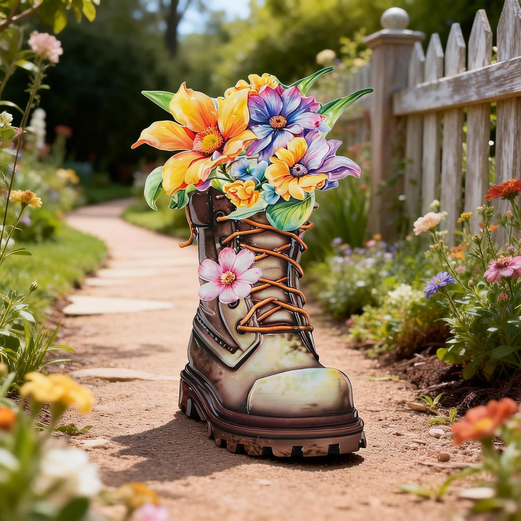 Garden Decor for Outside, 23" Decorative Garden Stake Metal Boot Flowers | Yard Art Stake for Outdoor Lawn Backyard