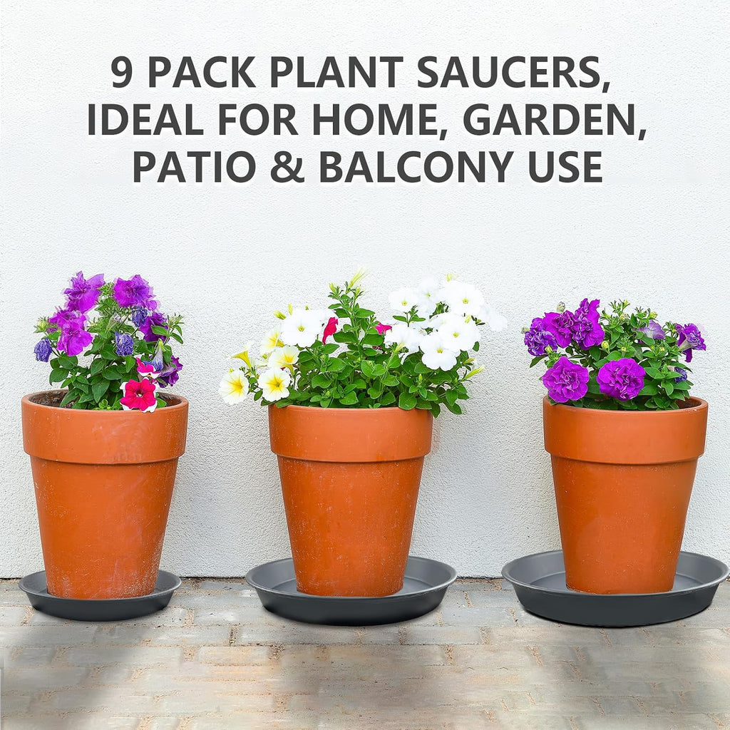 9 Pack Gray Plant Saucer Set, 8 10 12 Inch Heavy Duty PP Plant Saucers | Multi Size Plant Saucers for Small, Medium &