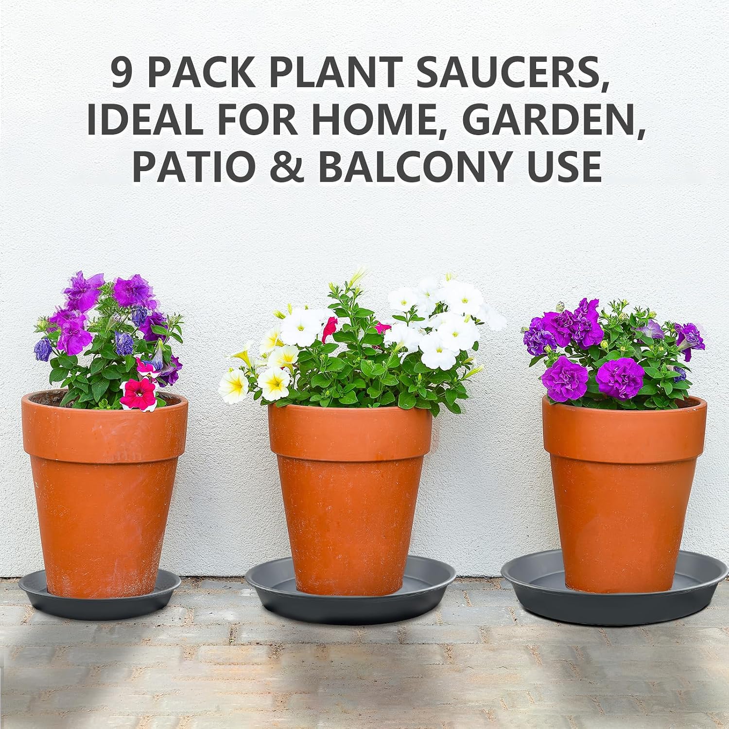 9 Pack Gray Plant Saucer Set, 8 10 12 Inch Heavy Duty PP Plant Saucers | Multi Size Plant Saucers for Small, Medium &