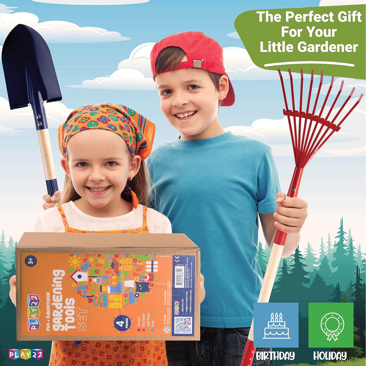 Play22 Kids Garden Tool Set Toy 4-Piece - Shovel, Rake, Hoe, Leaf Rake, Wooden Gardening Tools for Kids Best Outdoor