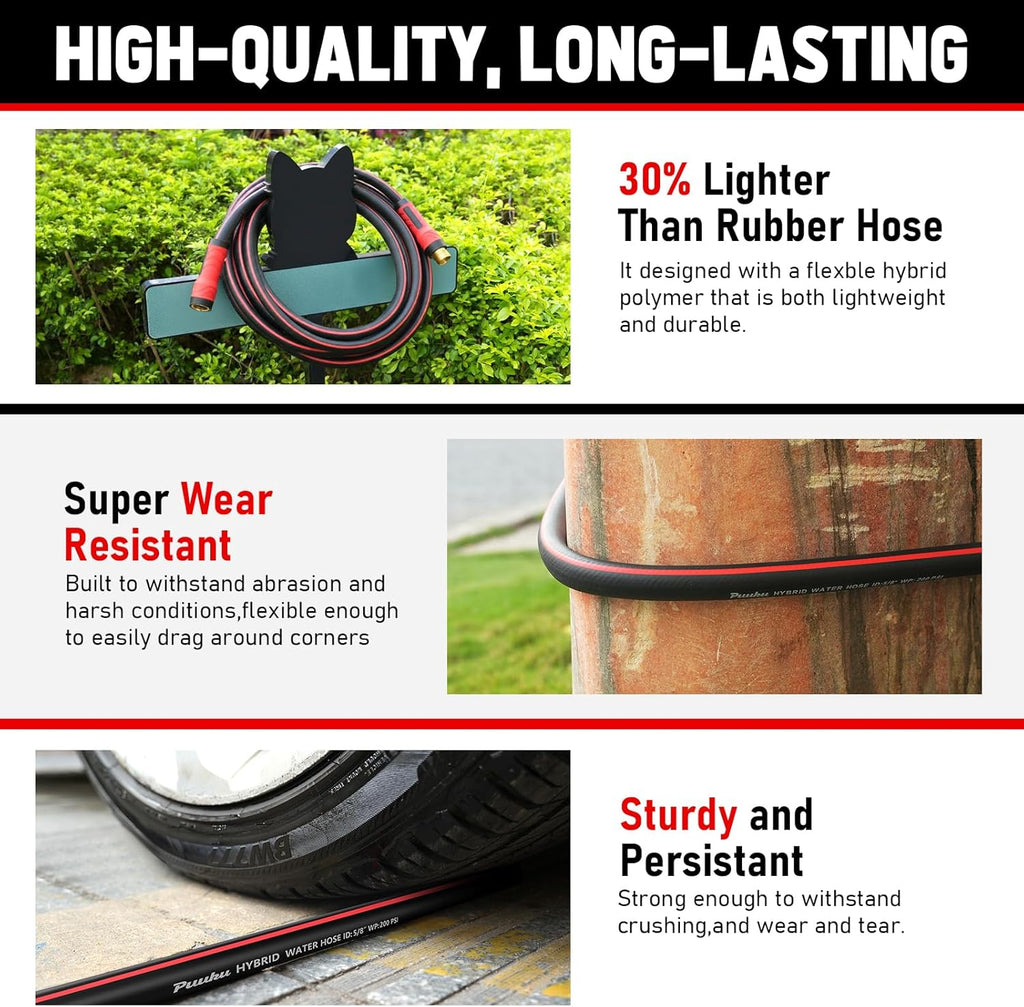 Garden Hose 50ft x 5/8", NON-EXPANDABLE Heavy Duty Hose with Nozzle | 10 Function Spray Nozzle, No Kink, Leakproof
