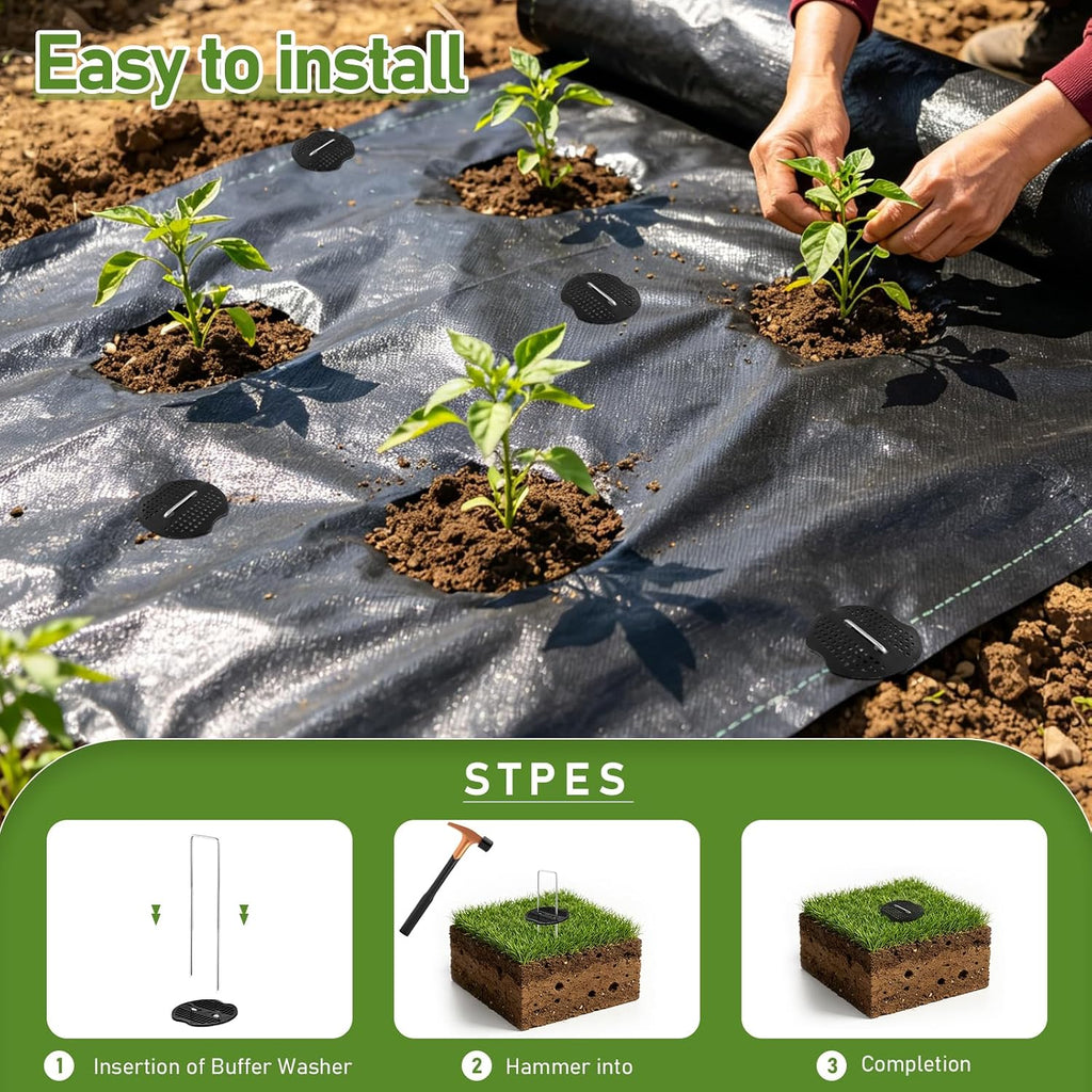 200Pcs Garden Stakes Staples Kit, 100Pcs 6 Inch U-Shaped Landscape Staples, 100Pcs Fixing Gasket for Weed Barrier
