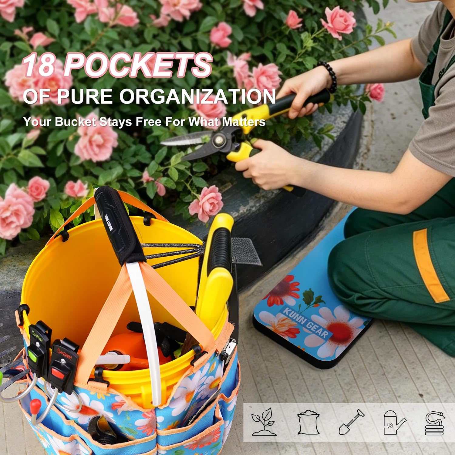 KUNN 5 Gallon Garden Bucket Tool Organizer & Kneeling Pad Set, 18-Pocket Heavy Duty Garden Caddy with Hangable Handle