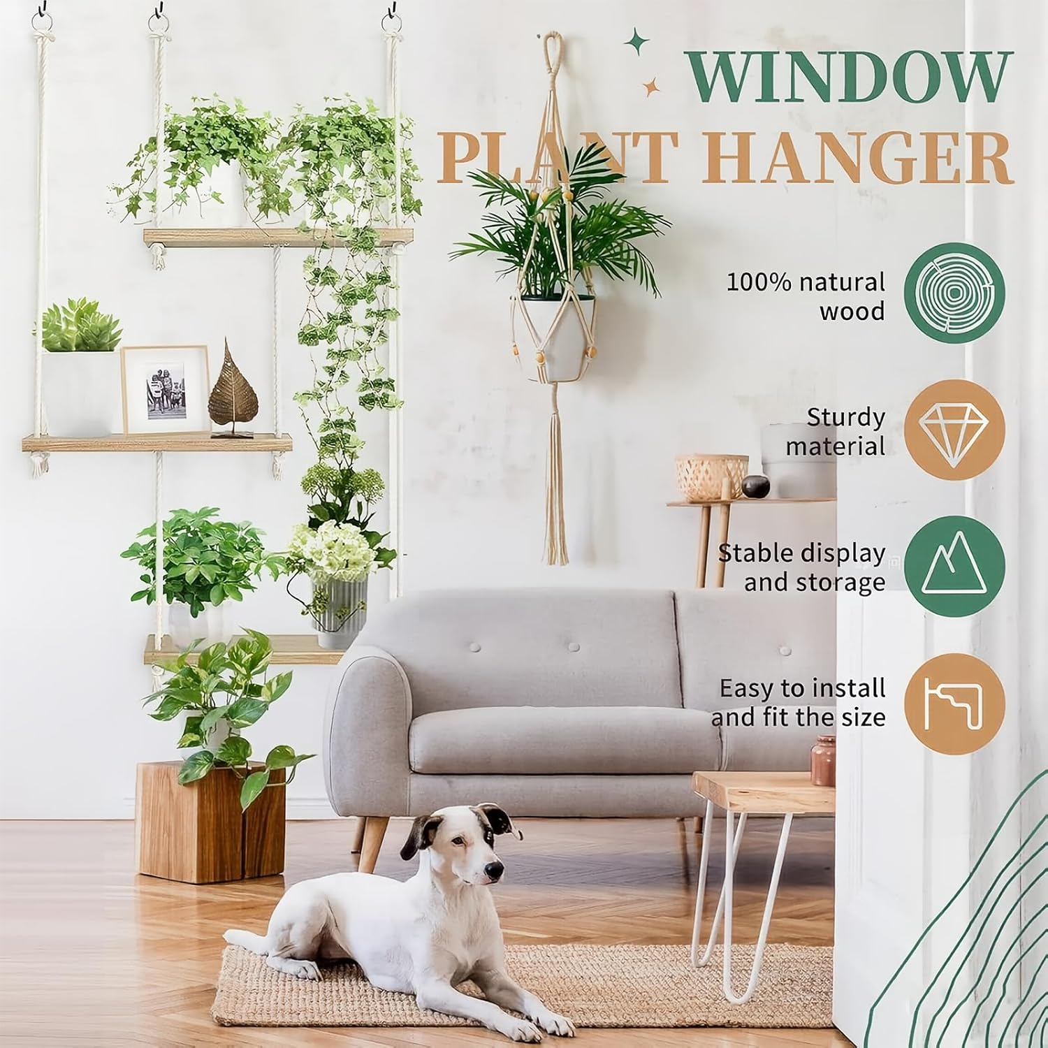 Window Plant Shelves 3-Tier Boho Window Sill Plant Shelf Indoor Hanging Wood Window Plant Hanger for Plants Herb