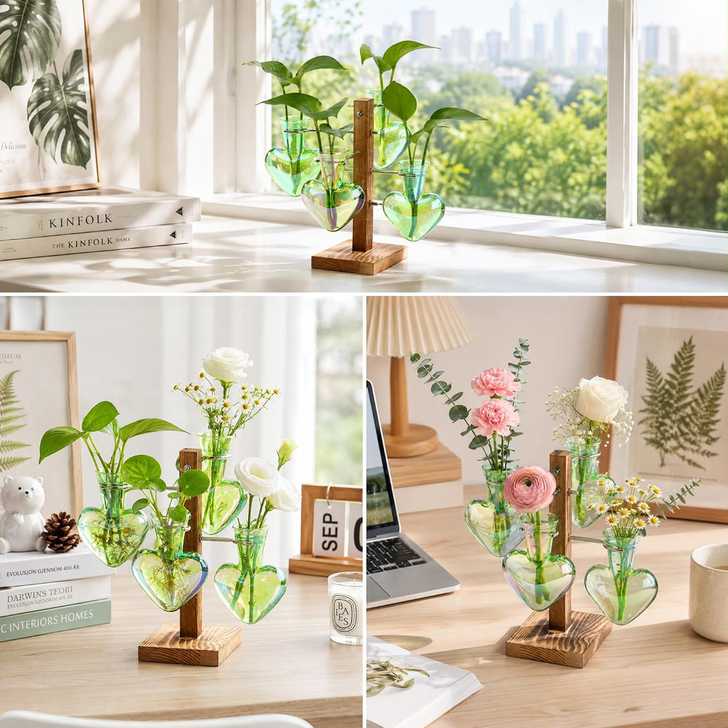 Plant Terrarium Propagation Stations: Green Vase with Wooden Stand | 4 Irised Crystal Glass, Heart Shaped, Home Table