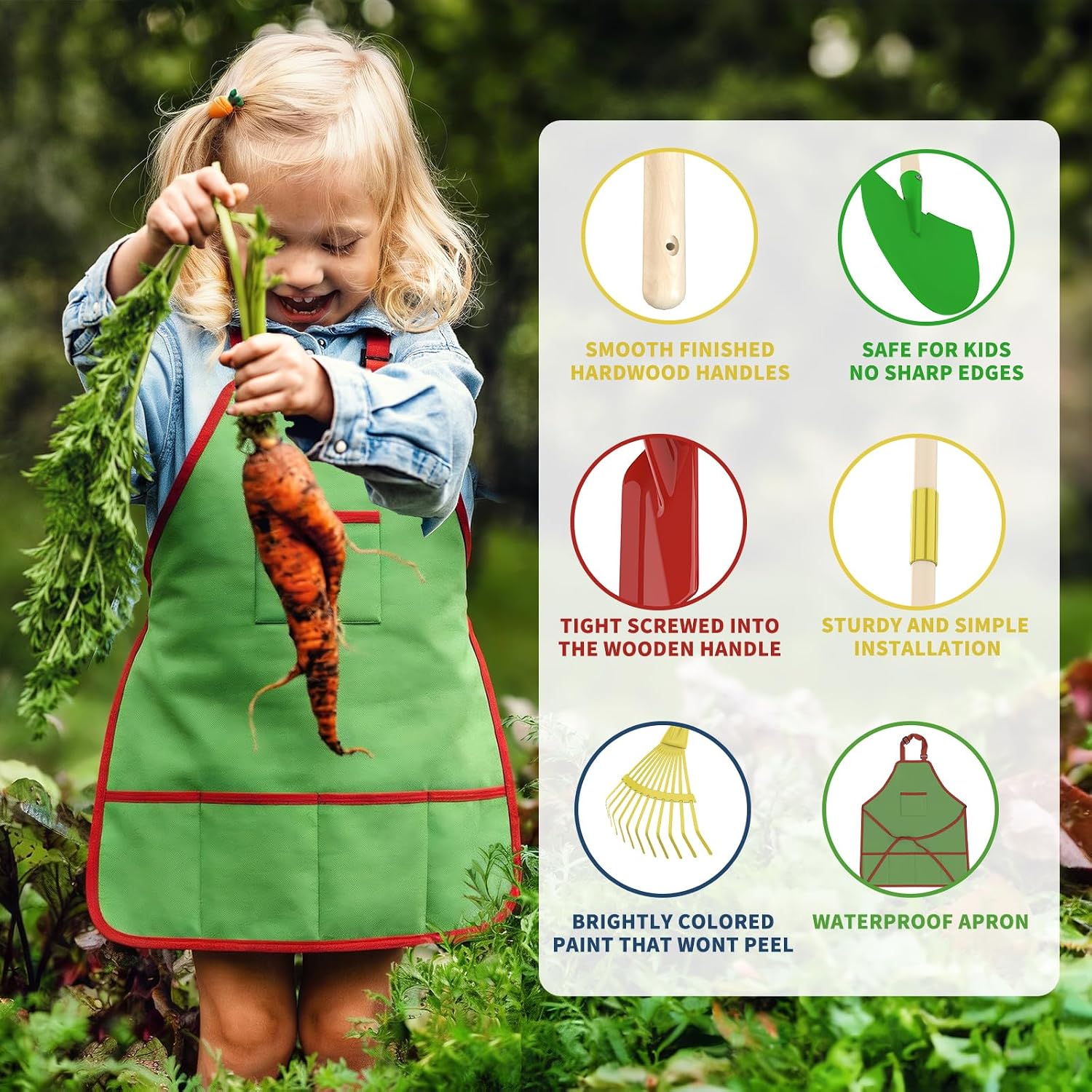 Qtioucp Kids Gardening Wheelbarrow Set, Metal & Wooden Garden Tools for Kids Ages 3-8, Real Wheelbarrows with Apron