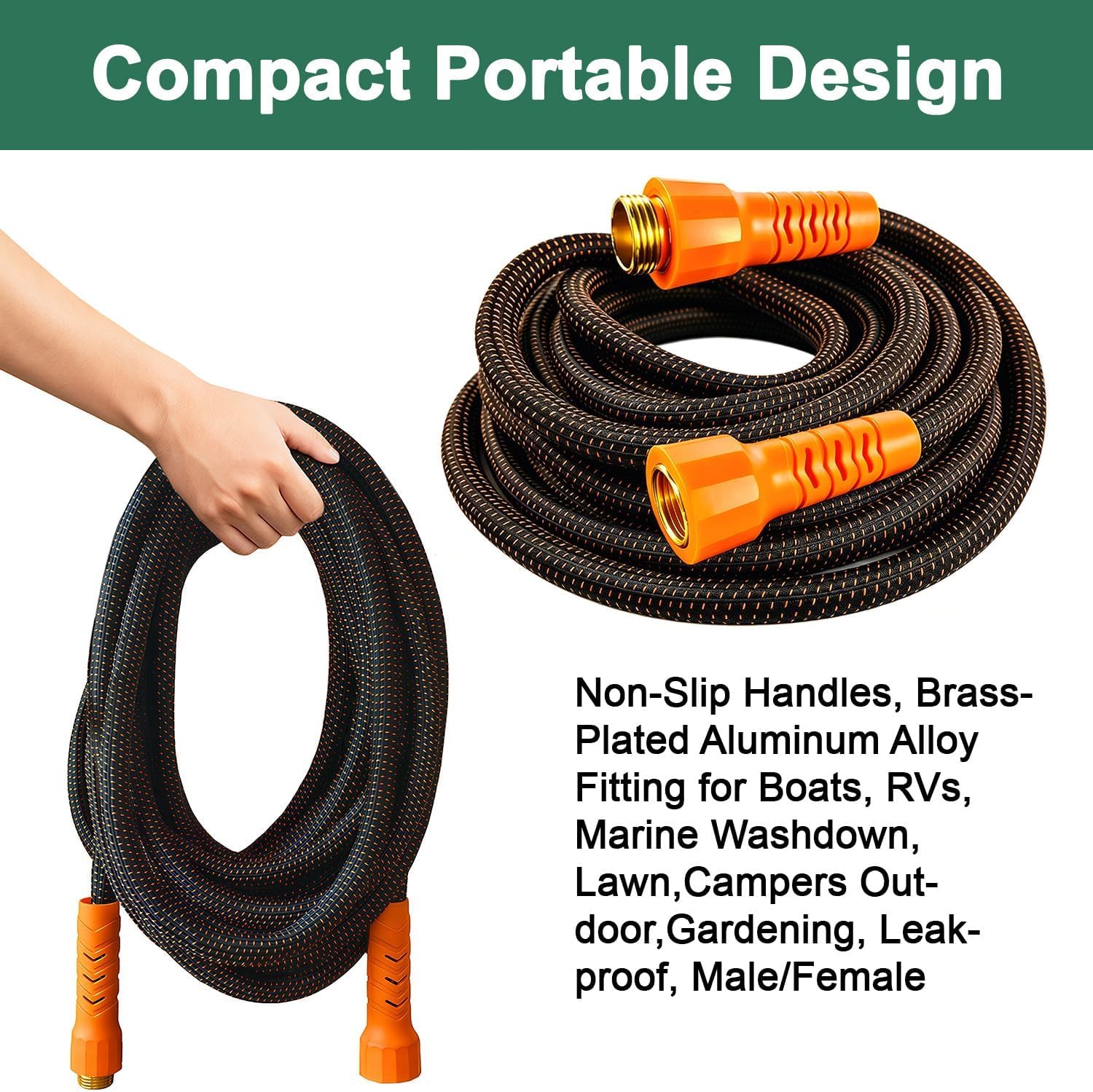 50FT Flexible Garden Hose & 10Modes Nozzle,Lightweight Water Hose,Kink-Free,All-Weather Heavy Duty Hose for RV,Boat,Car