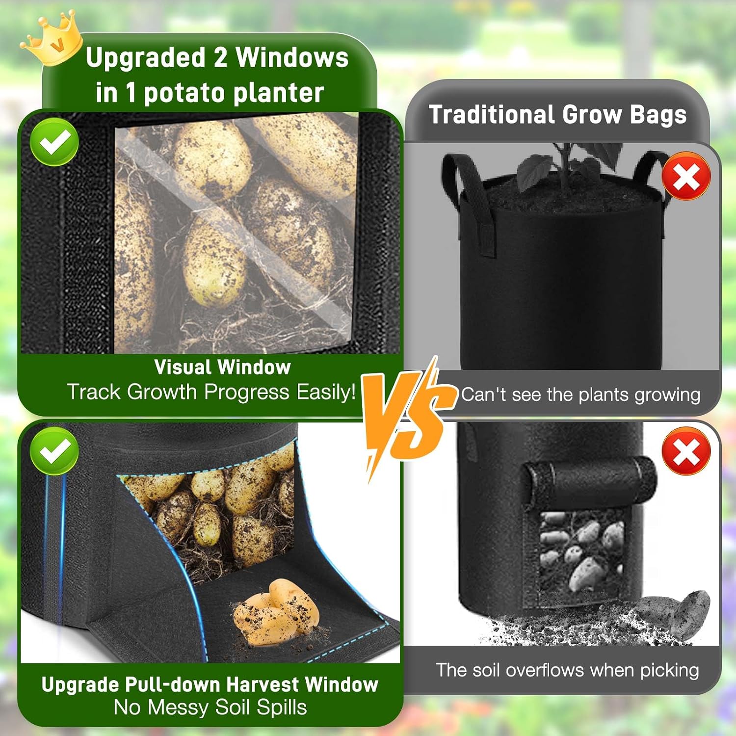 4 Pack Potato Grow Bags 15 Gallon with Harvest & Visible Window Thickened Garden Bags to Grow Vegetables with Handles &