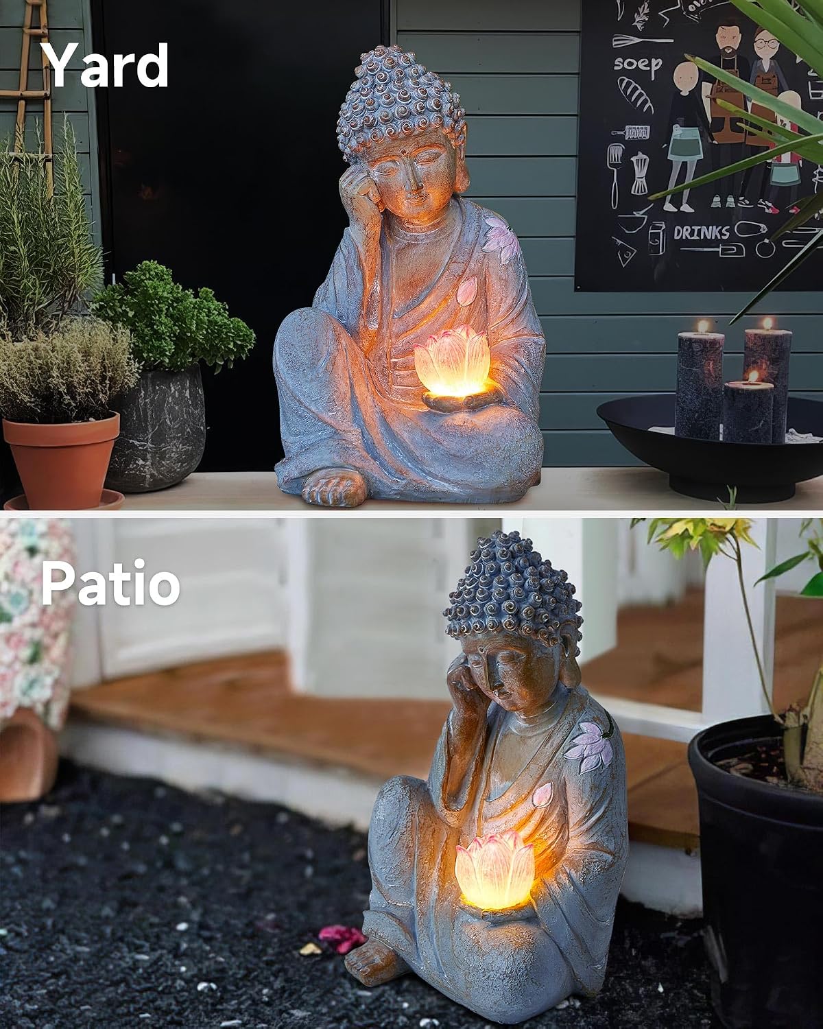Buddha Statue Outdoor with Lotus Flower Light, IP65 Waterproof Solar Statue Lights, Outdoor Statues for Garden, Zen