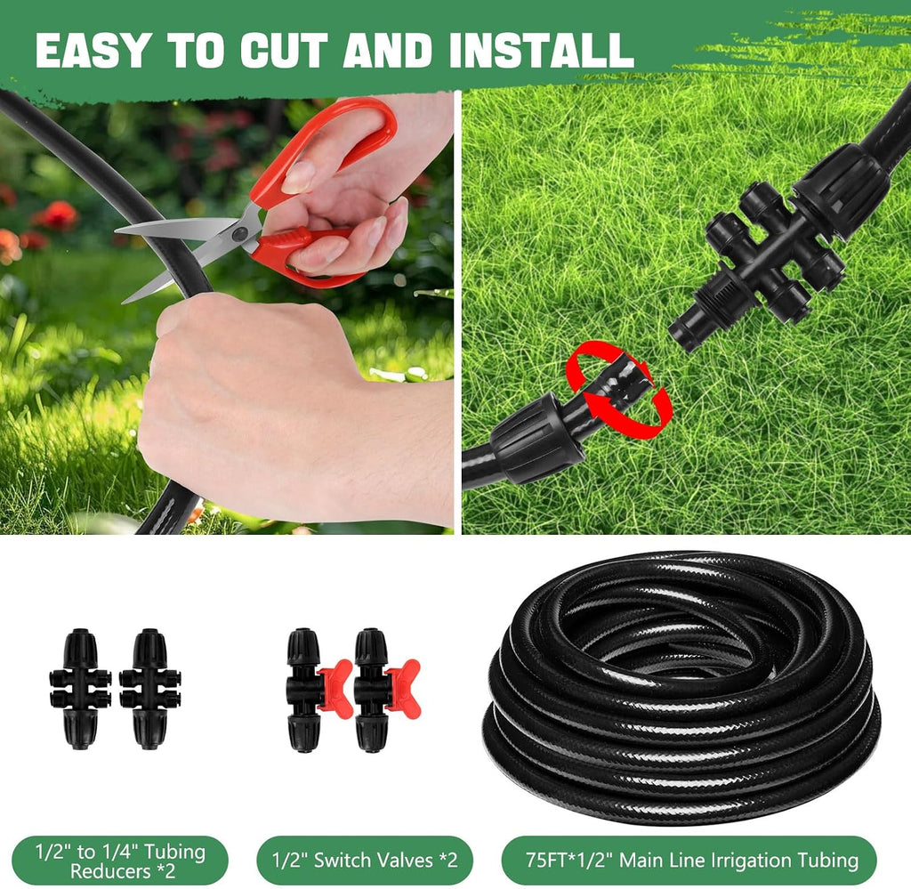 1/2 Inch Drip Irrigation Tubing 75FT Flexible Garden Water Hose Supply | Black Outdoor Hose with 2 Six-Way Connectors &
