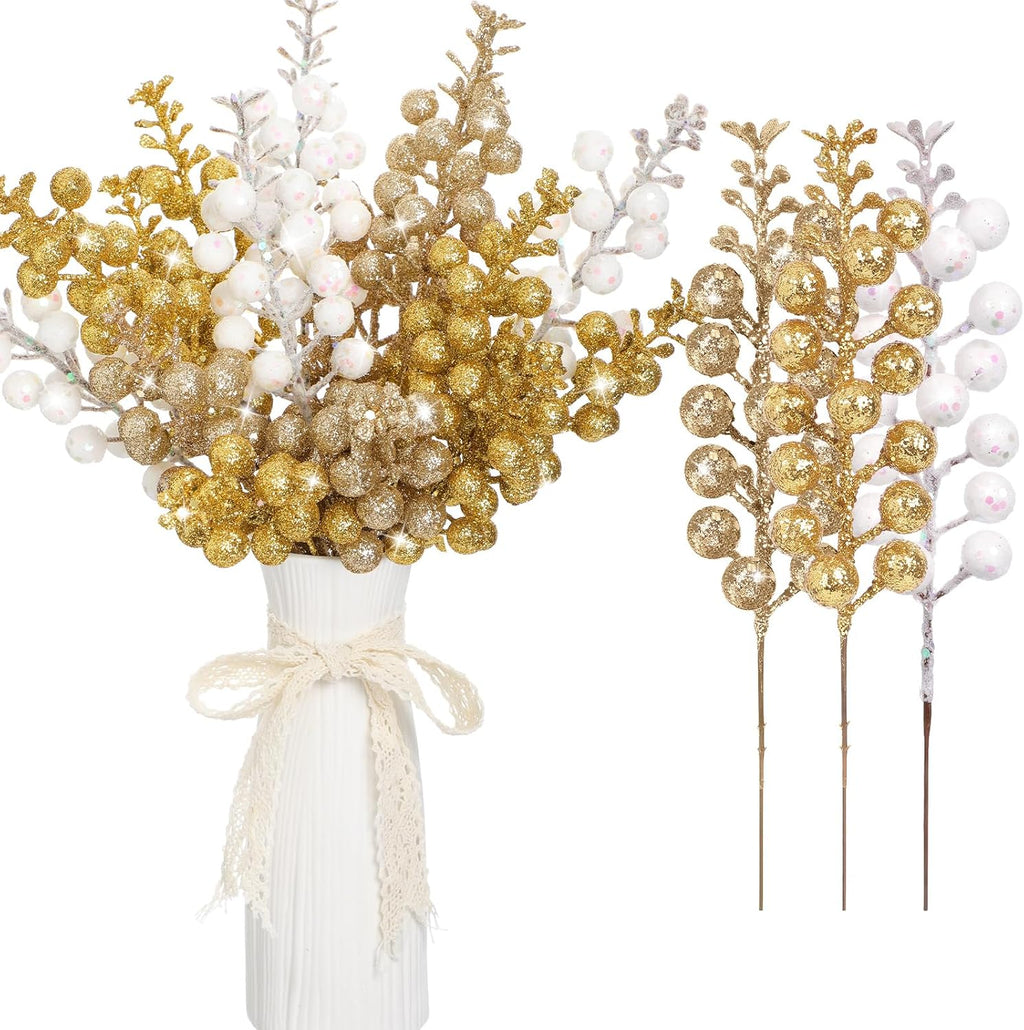 Geosar 36 Pcs Christmas Glittered Berries Stems, Gradient Gold