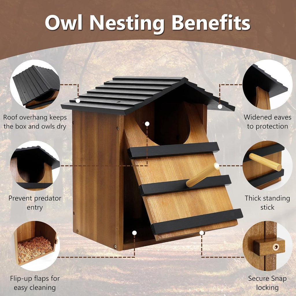 KOOPRO Screech Owl House for Outdoors, Weatherproof Large 14.5"x9.4"x7.8" | Barn Owl Nesting Box Wooden for Outside