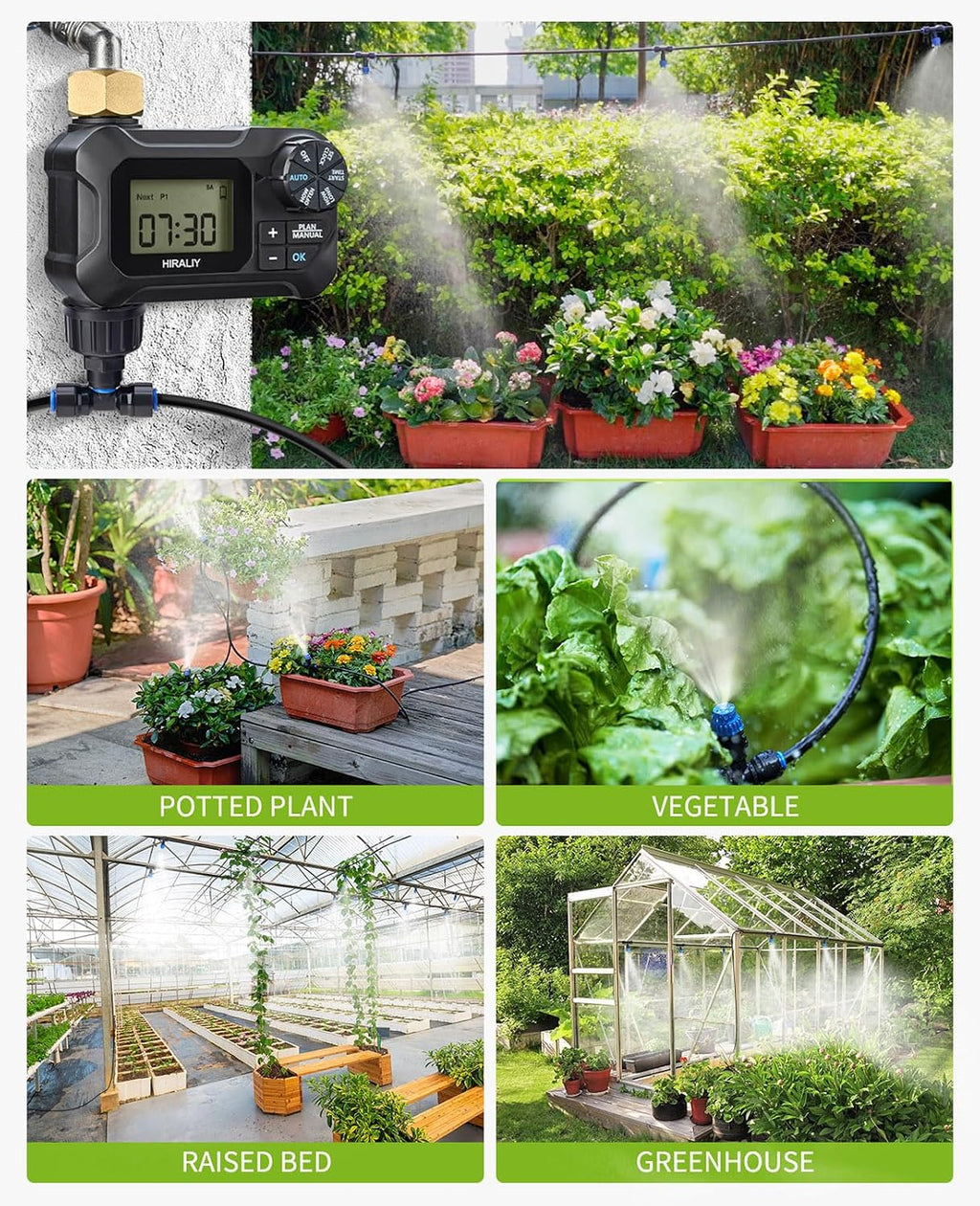 HIRALIY 59FT Drip Irrigation Kit with Water Timer, Quick-Connect | Garden Watering System with 15 Adjustable Misting