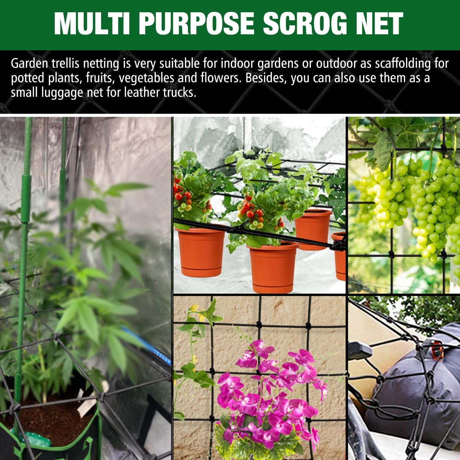 Trellis Netting 4x4, Scrog Net 4x4' ​for Grow Tent,Flexible Elastic Black Square Garden Plant Grow Nets,2-Pack
