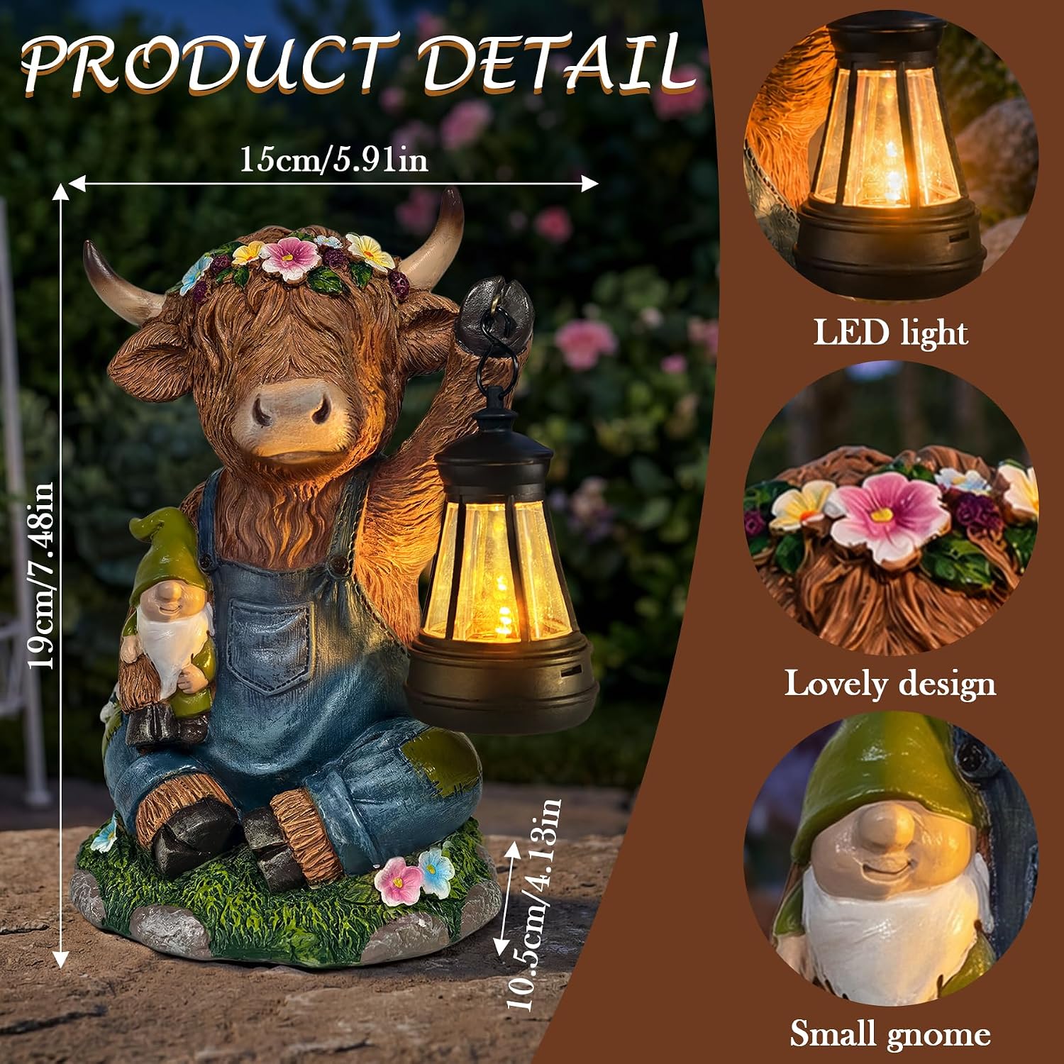 Solar Highland Cow Outdoor Statues Garden Decor with LED Light | Cute Animal Figurine Funny Resin Decoration for Patio