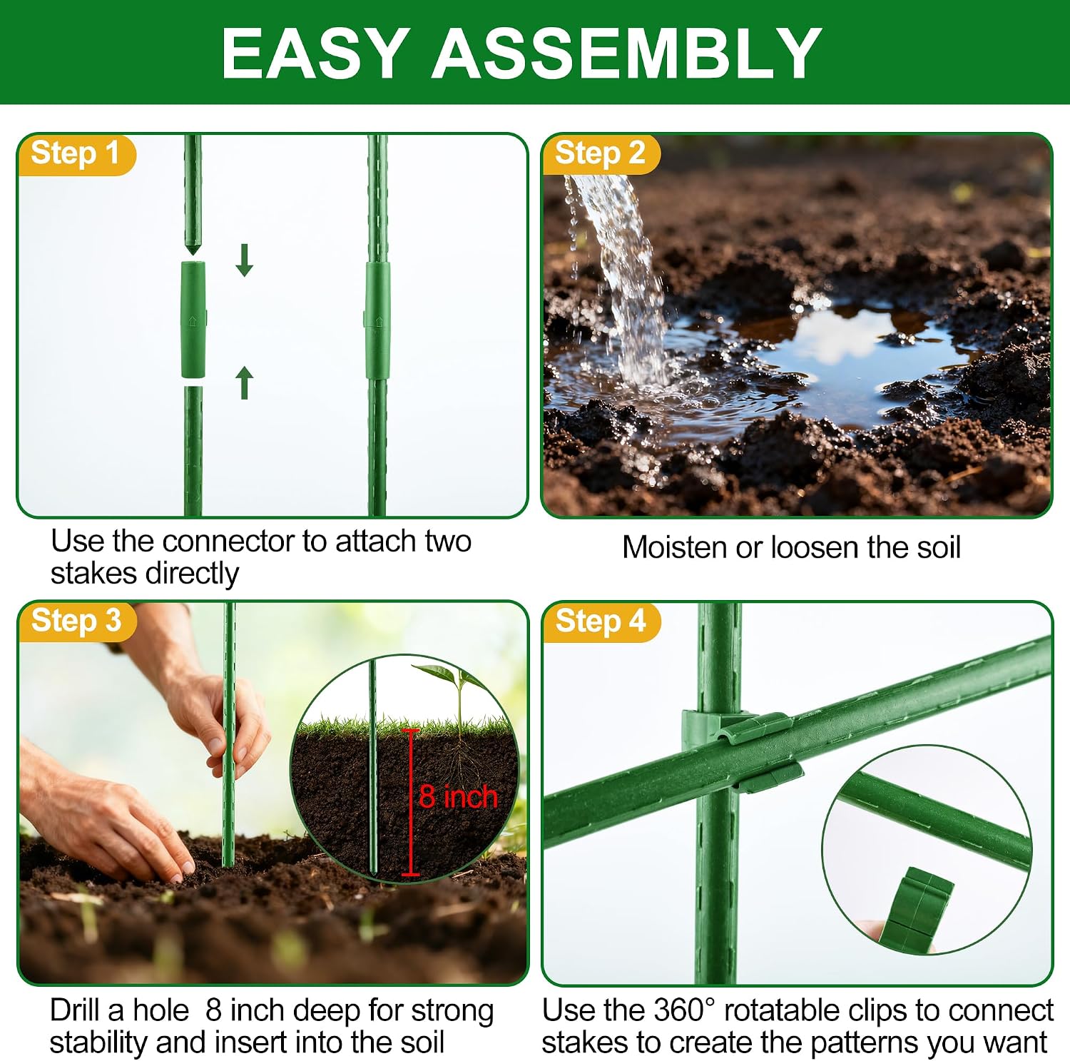 WAENLIR Garden Stakes16 Inch 48 Pack, Tomato cage DIY 4ft 5ft 6ft 7ft 8ft Plant Support Stakes with Connectors and