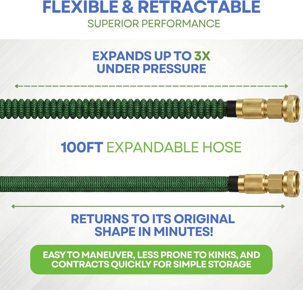 J&B XpandaHose 100ft Expandable Garden Hose, Lightweight, Brass Connectors | Ultra Strong 3750D fabric, 4-layer latex