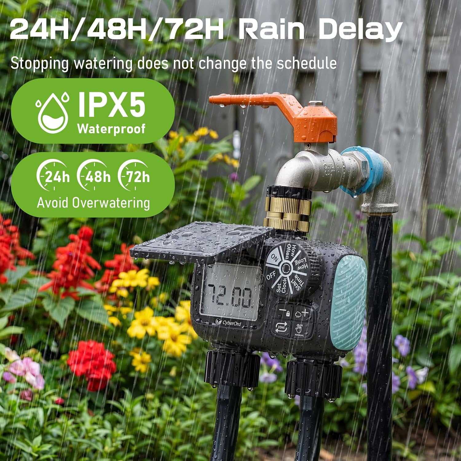 2 Zone Solar Water Timer, Hose Timer with Solar Charging | Sprinkler Timers for Garden Hose with Auto/Manual/Rain Delay