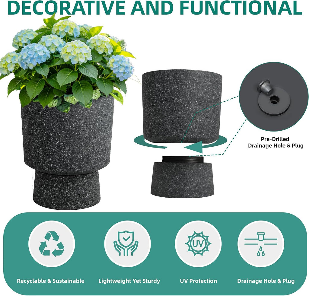 16.8" Pedestal Planters for Outdoor Plants, Large Urn Flower pots S/2 | Durable Plastic Large Outdoor Planters with