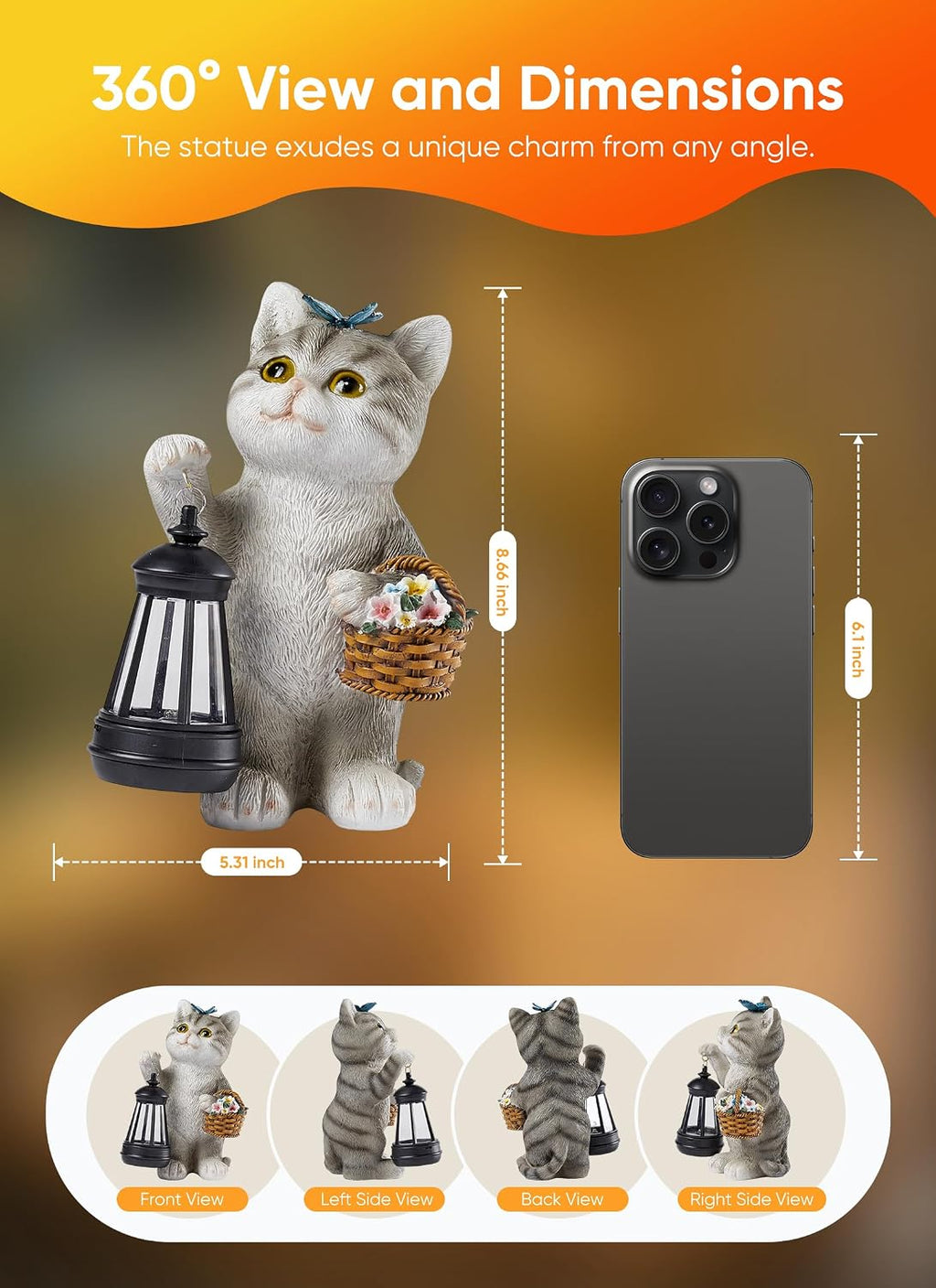 Brightown Solar Cat Garden Decor Statue with Solar Lantern Light, Hand-Painted Resin, IP65 Waterproof Outdoor Decor for