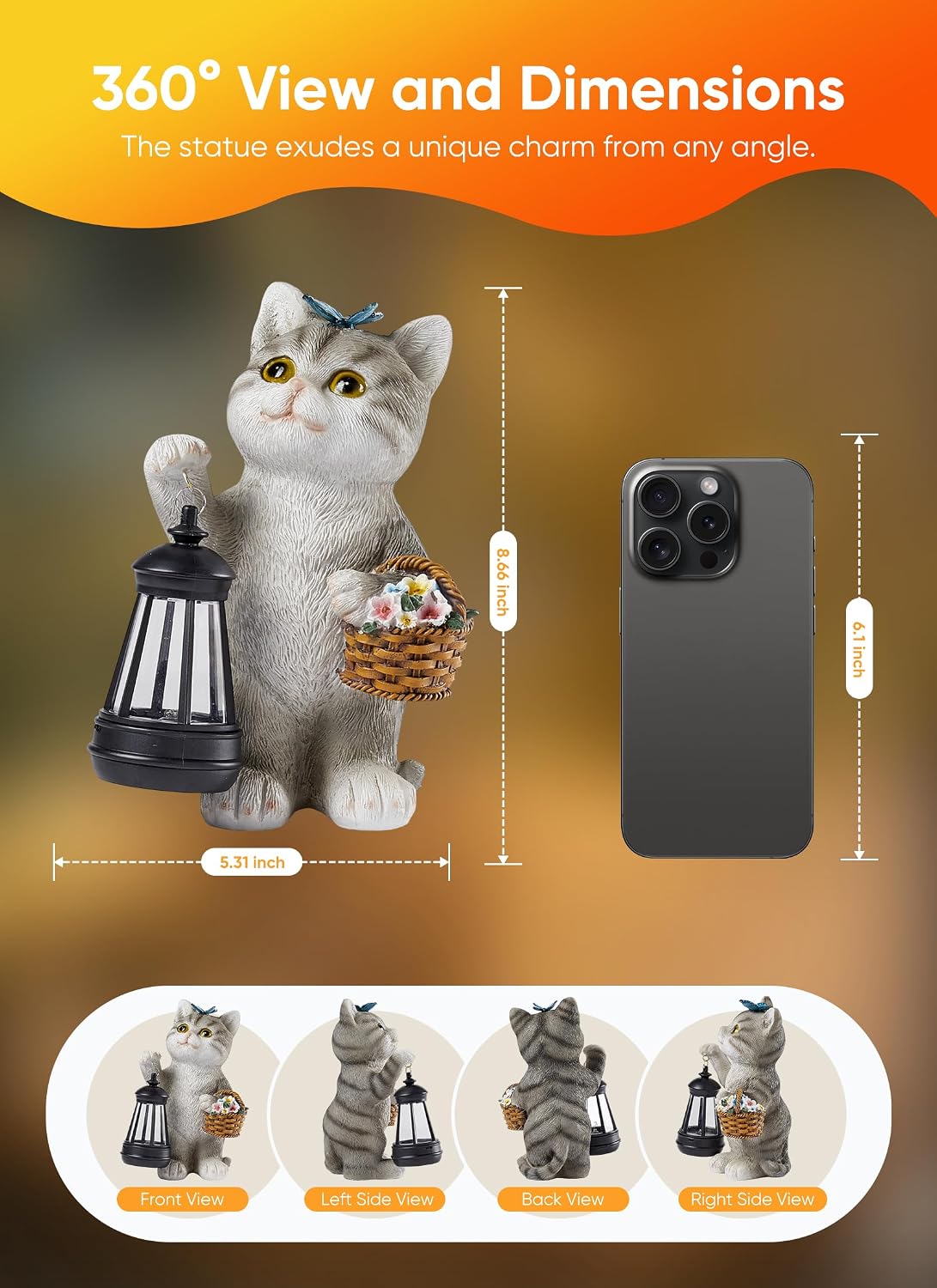Brightown Solar Cat Garden Decor Statue with Solar Lantern Light, Hand-Painted Resin, IP65 Waterproof Outdoor Decor for